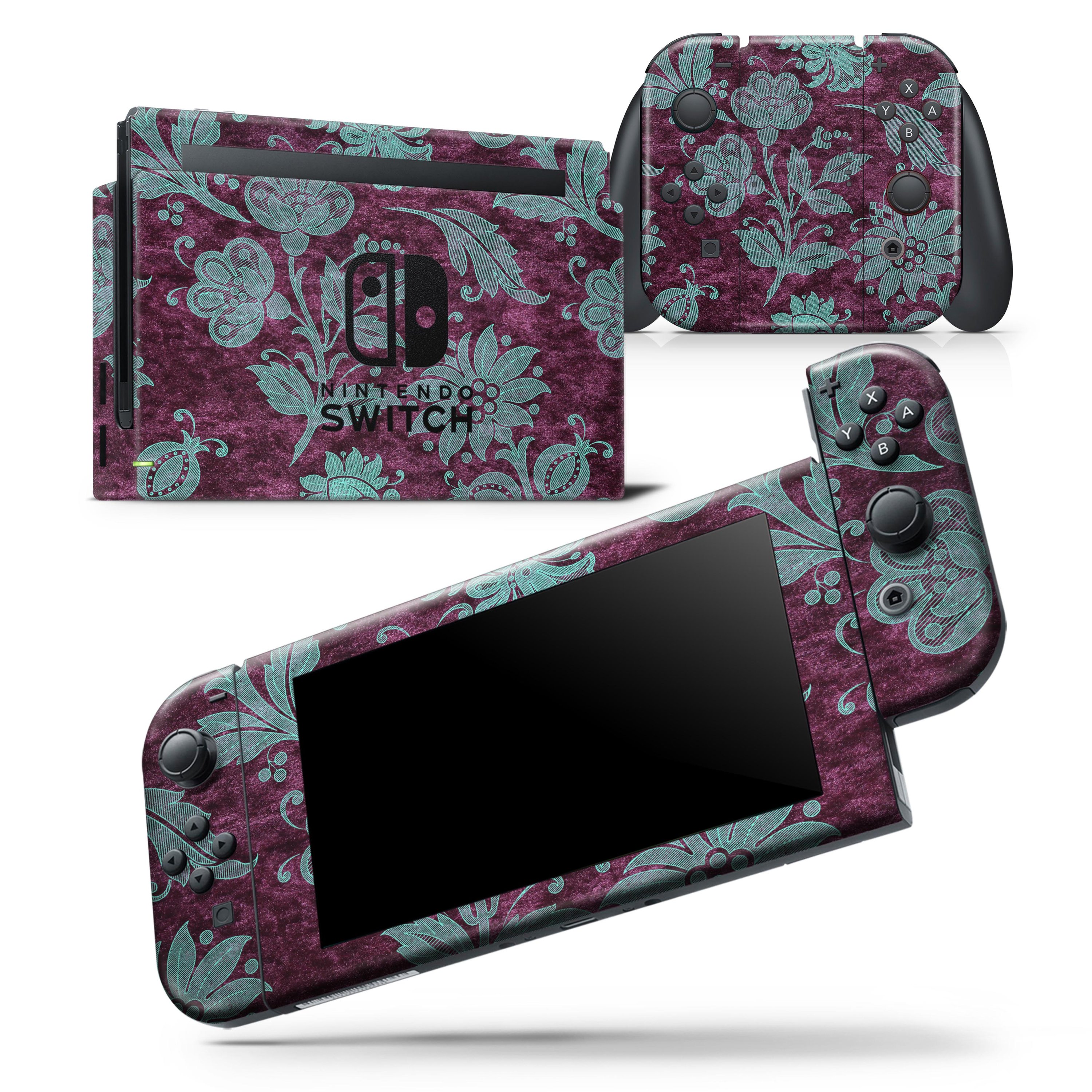 Burgundy and Turquoise Floral Velvet skin wrap decal for Nintendo Switch, showcasing vibrant floral patterns and a sleek design.