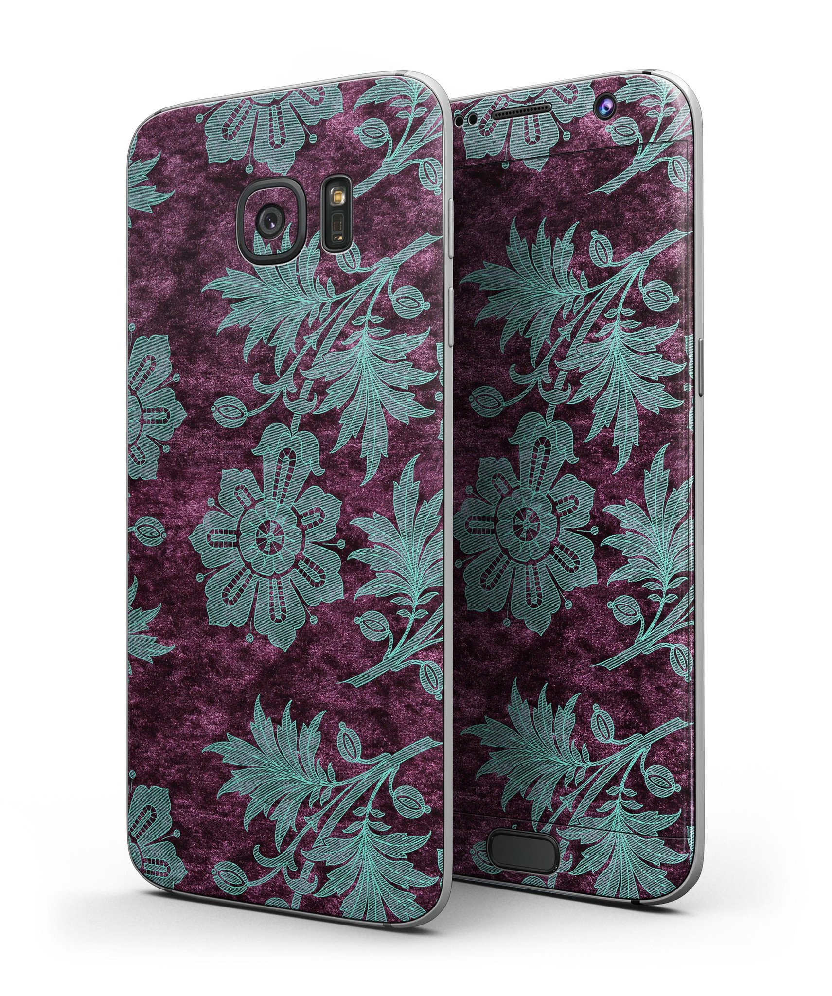 Burgundy and Turquoise Floral Velvet skin kit for Samsung Galaxy S7 and S7 Edge, showcasing vibrant floral patterns on premium vinyl.
