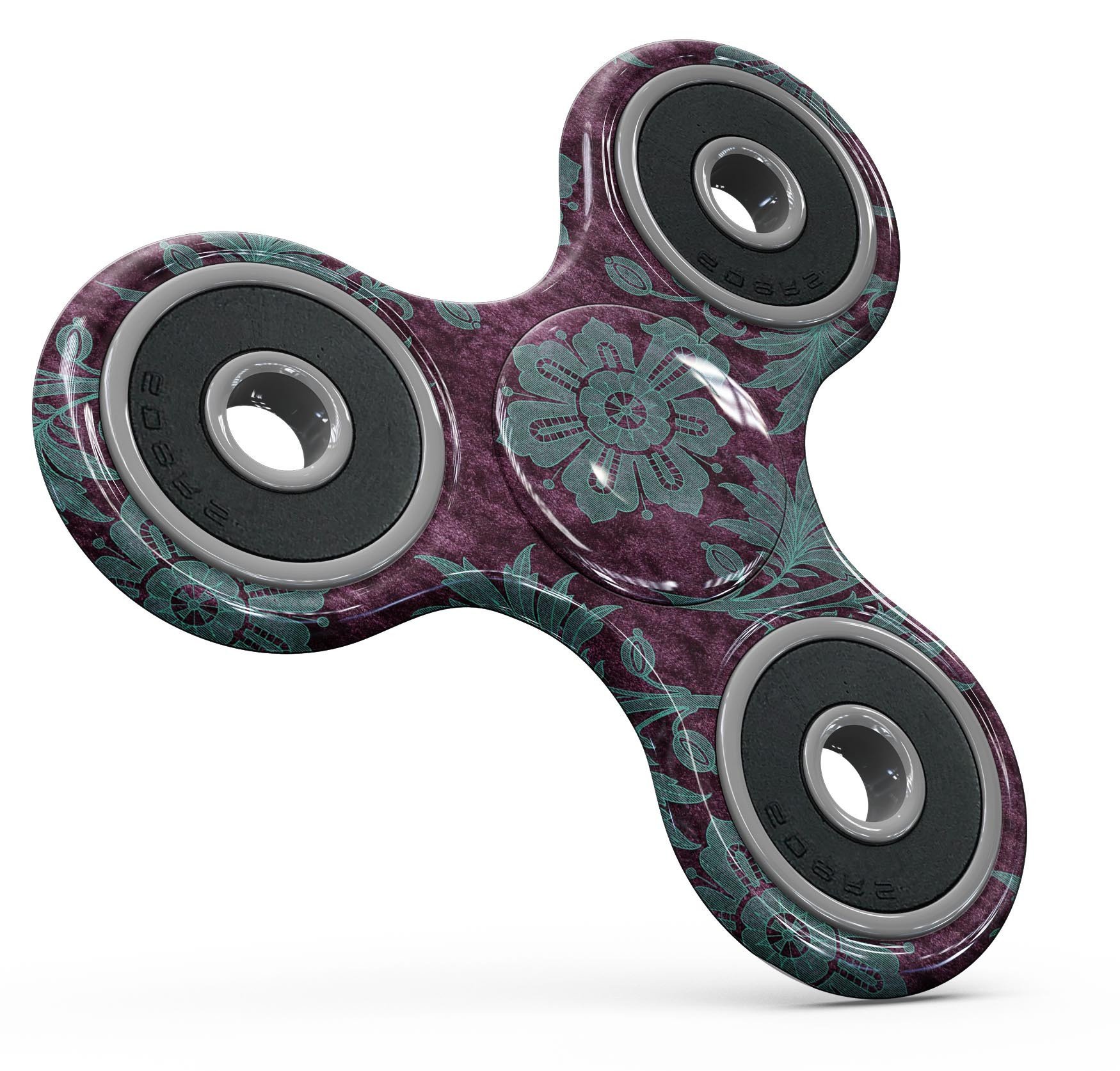 Burgundy and Turquoise Floral Velvet skin for fidget spinner, showcasing vibrant floral patterns on a sleek vinyl surface.