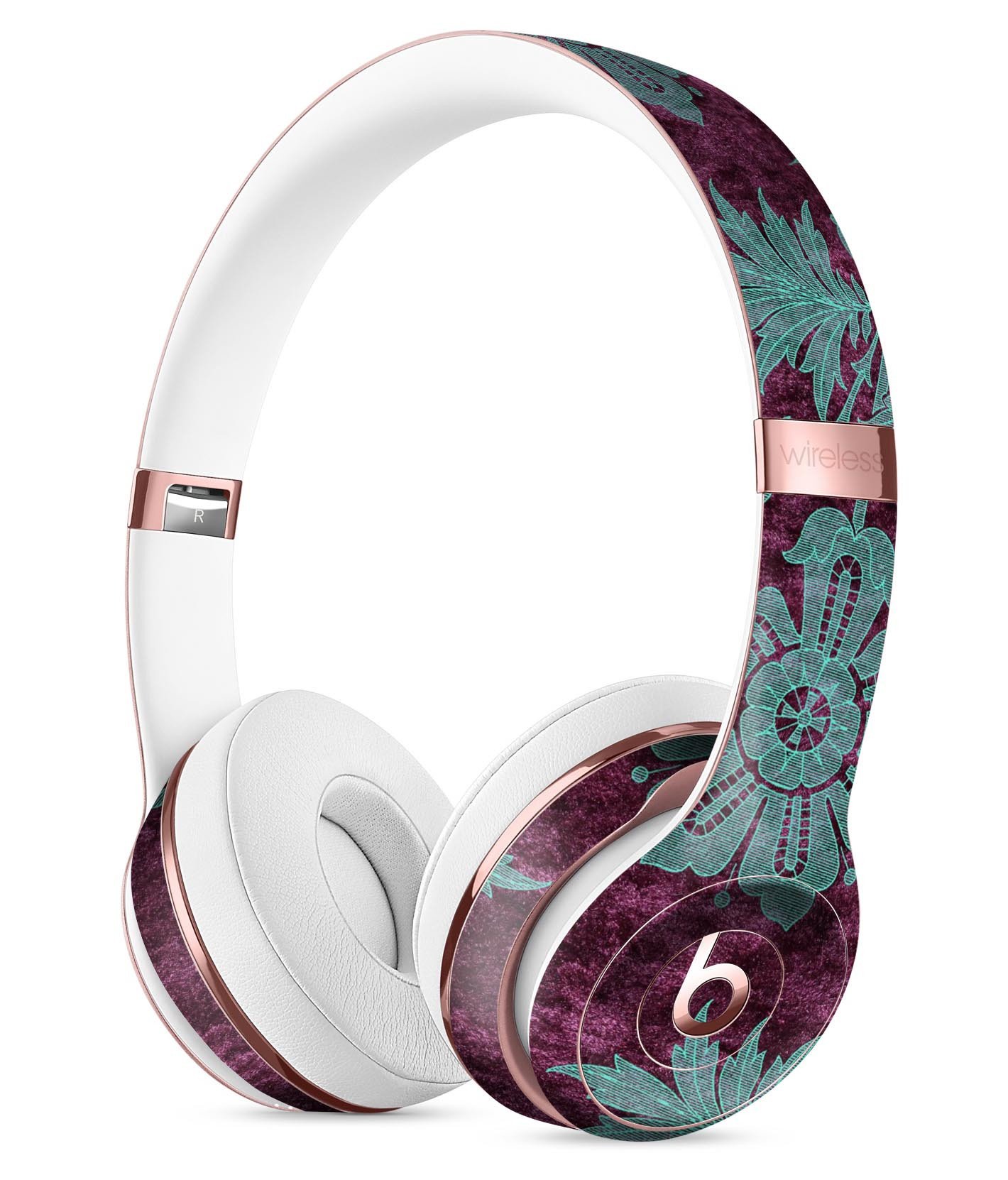 Burgundy and Turquoise Floral Velvet Skin Kit for Beats by Dre Solo 3 Wireless Headphones, showcasing vibrant floral patterns and premium vinyl material.