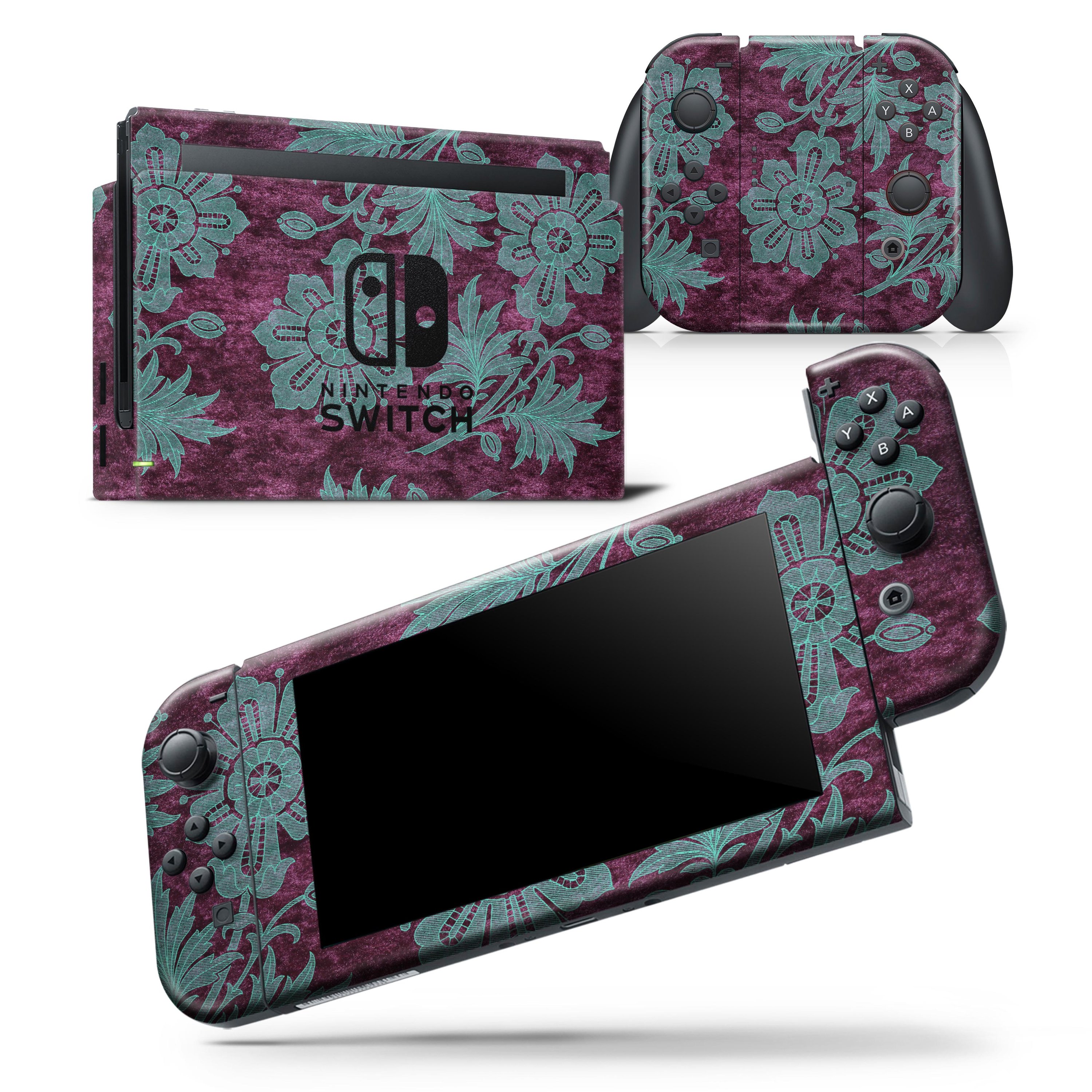 Burgundy and Turquoise Floral Velvet skin wrap decal for Nintendo Switch, showcasing vibrant floral patterns and a sleek design.