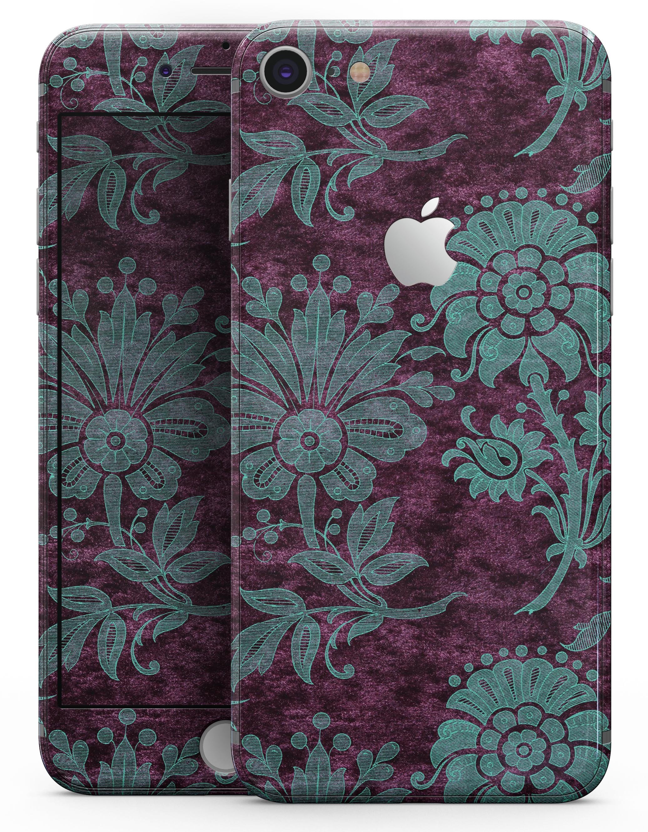 Burgundy and Turquoise Floral Velvet skin for iPhone 8 and 8 Plus, showcasing vibrant floral patterns on a sleek vinyl surface.