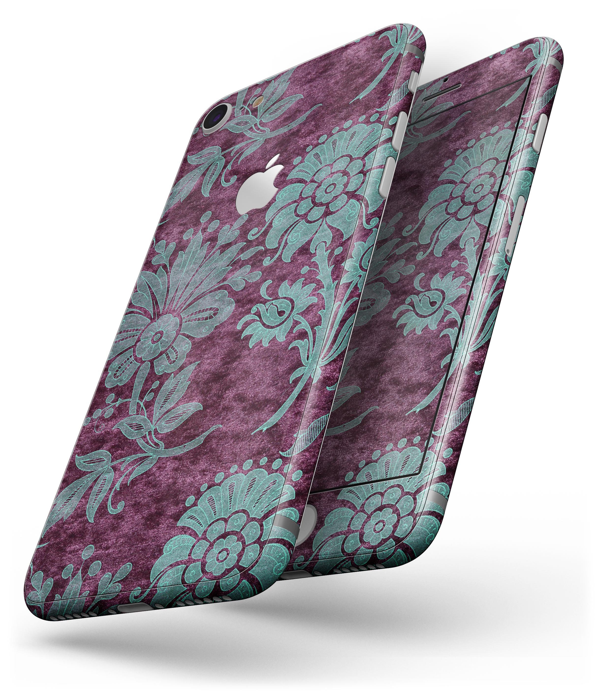 Burgundy and Turquoise Floral Velvet skin for iPhone 8 and 8 Plus, showcasing vibrant floral patterns on a sleek vinyl surface.