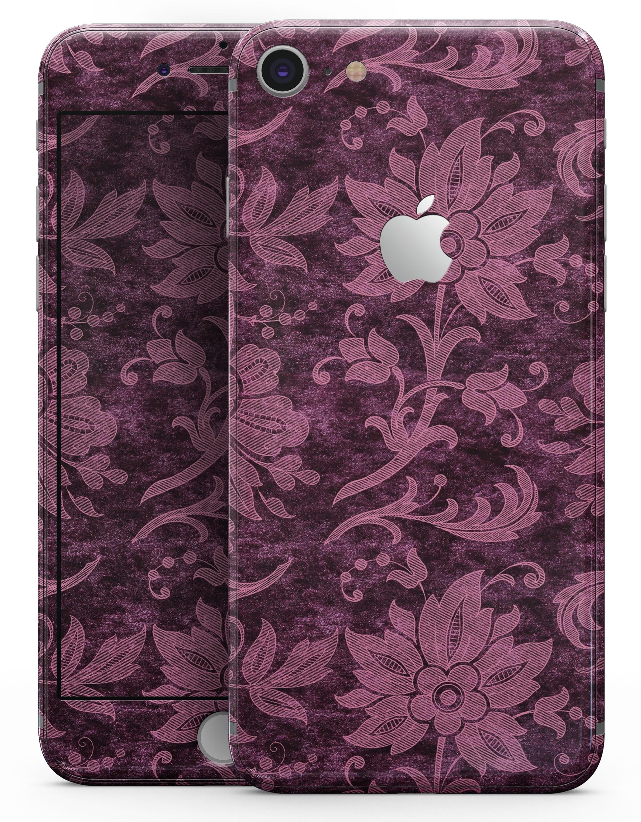 Burgundy Floral Velvet skin for iPhone 8 and 8 Plus, showcasing a vibrant floral design on a sleek device.