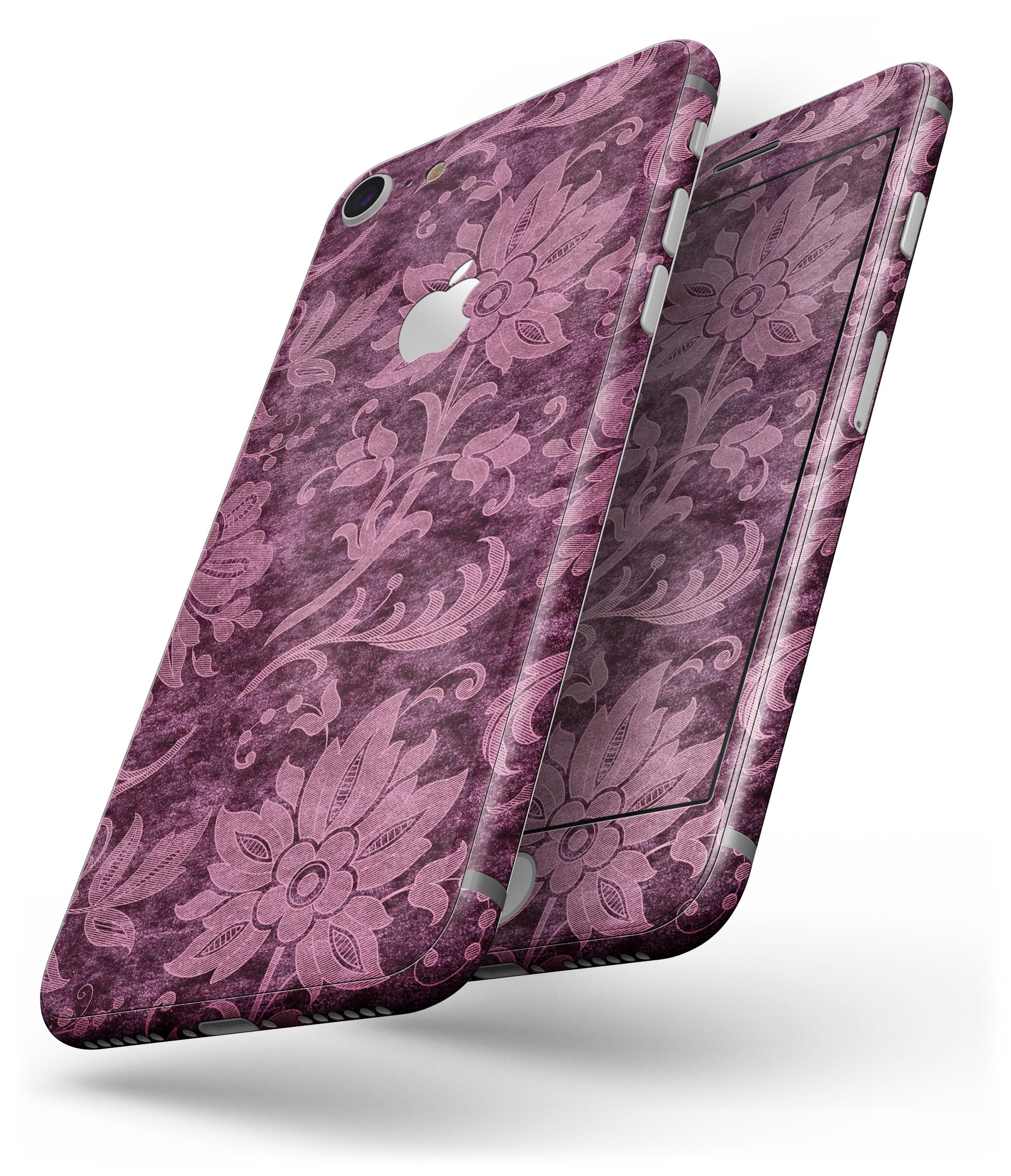 Burgundy Floral Velvet skin for iPhone 8 and 8 Plus, showcasing a vibrant floral design on a sleek device.