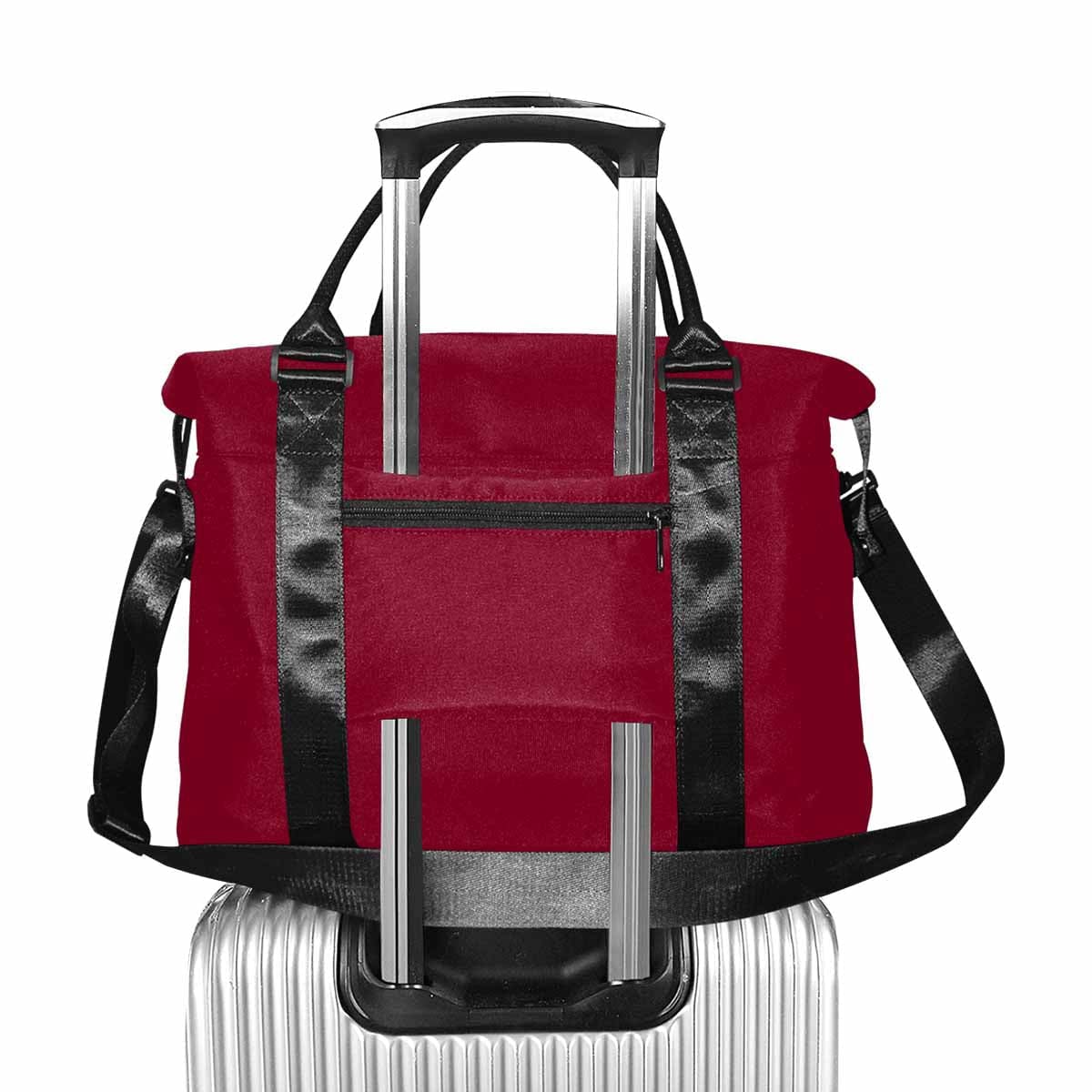 Burgundy Red Duffel Bag with adjustable strap and metal button closure, showcasing its spacious design and durable oxford fabric.