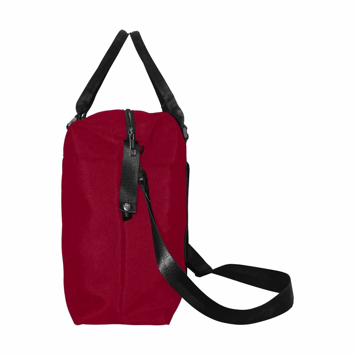 Burgundy Red Duffel Bag with adjustable strap and metal button closure, showcasing its spacious design and durable oxford fabric.
