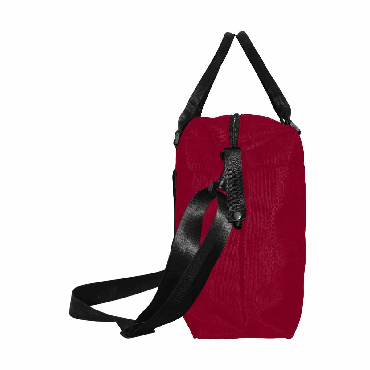 Burgundy Red Duffel Bag with adjustable strap and metal button closure, showcasing its spacious design and durable oxford fabric.
