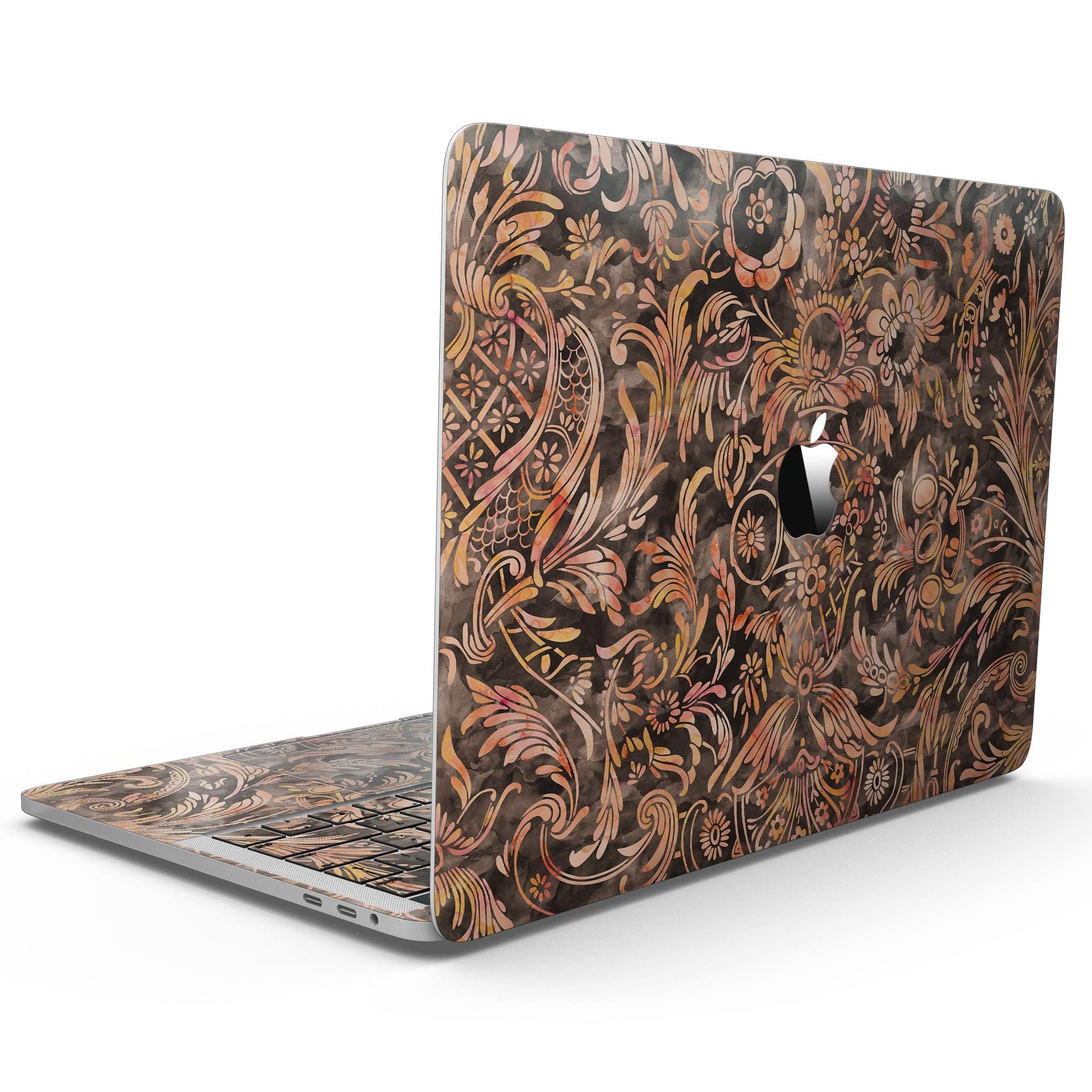 Burning Damask Watercolor Pattern skin for 13" MacBook Pro without Touch Bar, showcasing vibrant colors and intricate design.