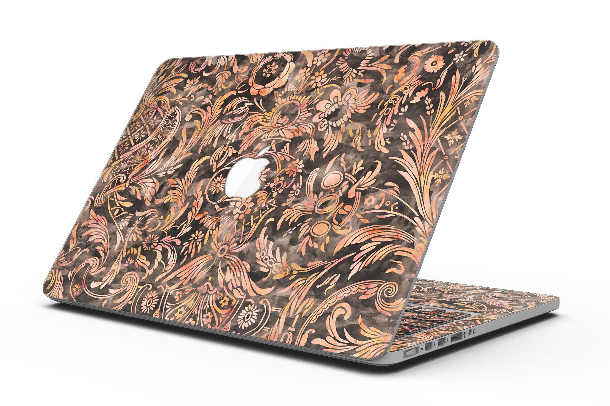 Burning Damask Watercolor Pattern skin for MacBook Pro with Retina Display, showcasing vibrant colors and intricate design.