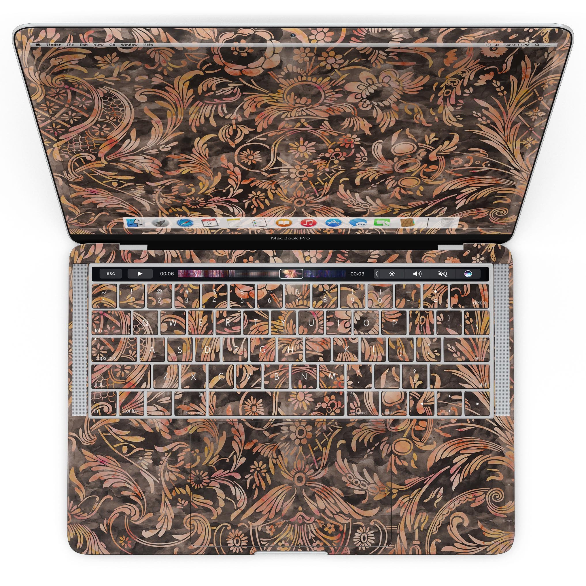 Burning Damask Watercolor Pattern skin for MacBook Pro with Touch Bar, showcasing vibrant colors and intricate design.