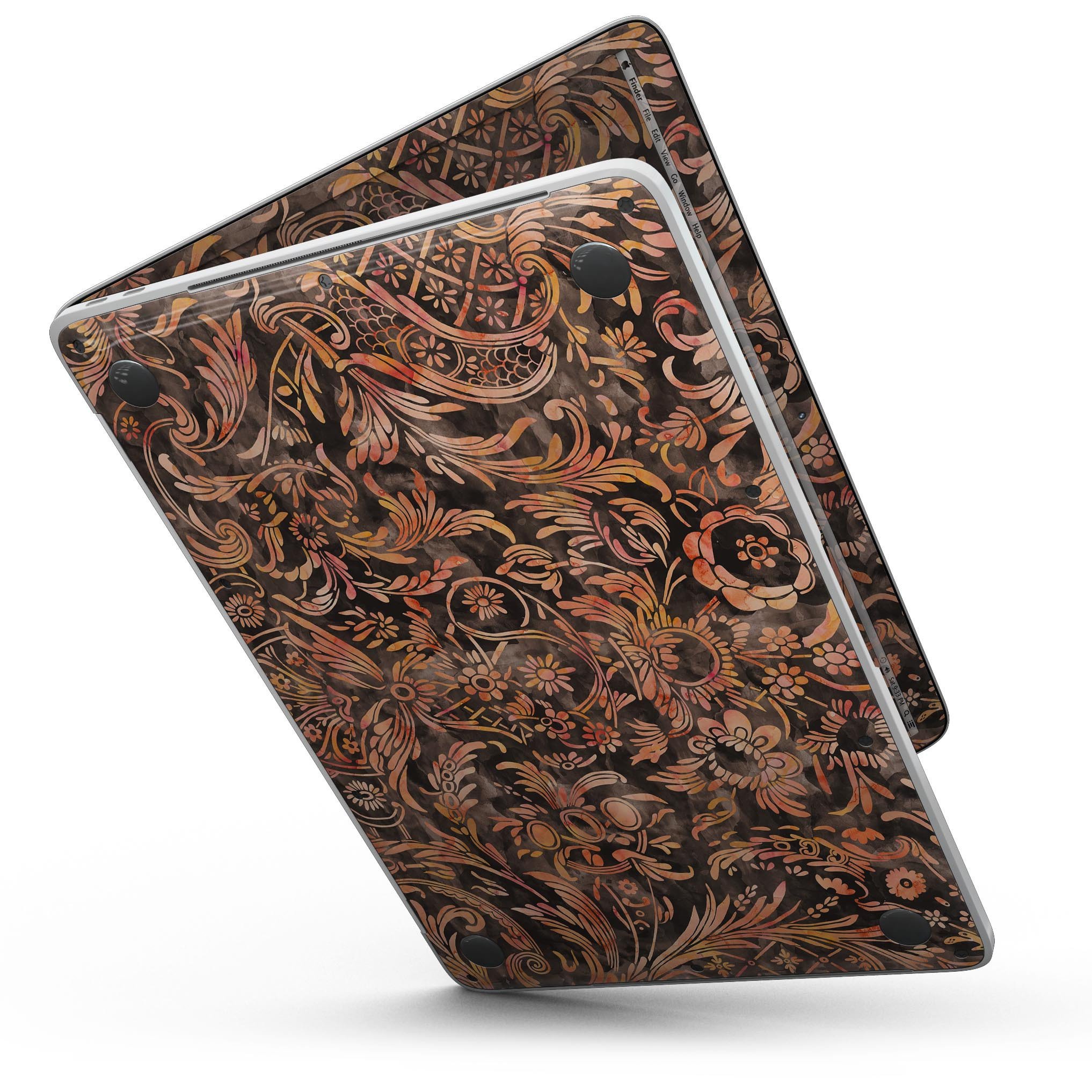 Burning Damask Watercolor Pattern skin for MacBook Pro with Touch Bar, showcasing vibrant colors and intricate design.