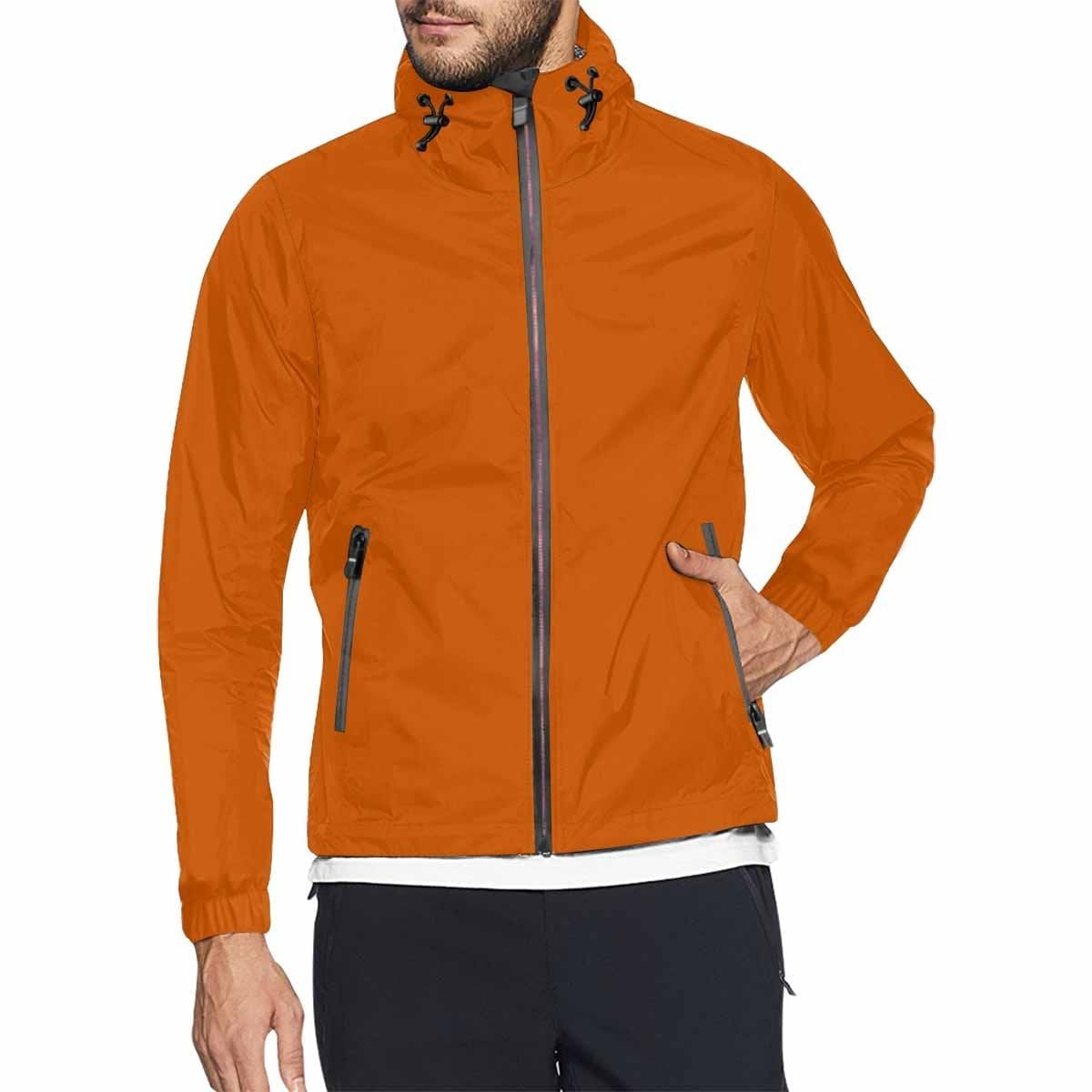 Burnt orange hooded windbreaker jacket for men and women, featuring a full zip, adjustable hood, and zippered pockets.