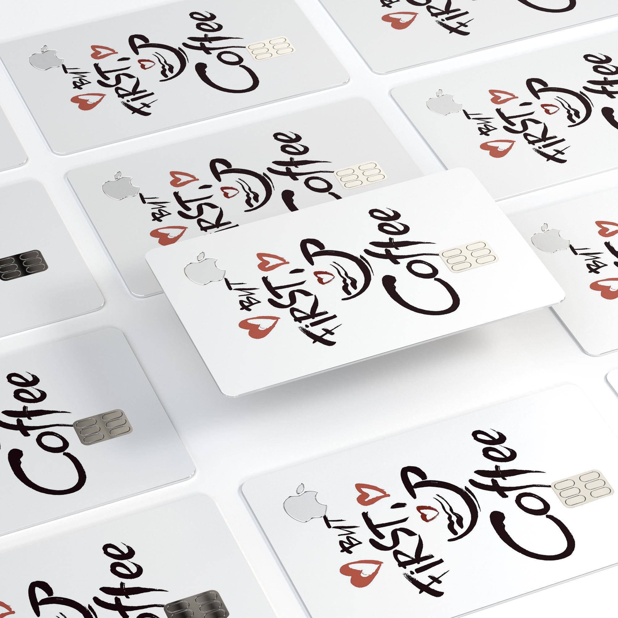 But First Coffee Premium Protective Decal Skin-Kit for Apple Card, showcasing a stylish design with a glossy finish.