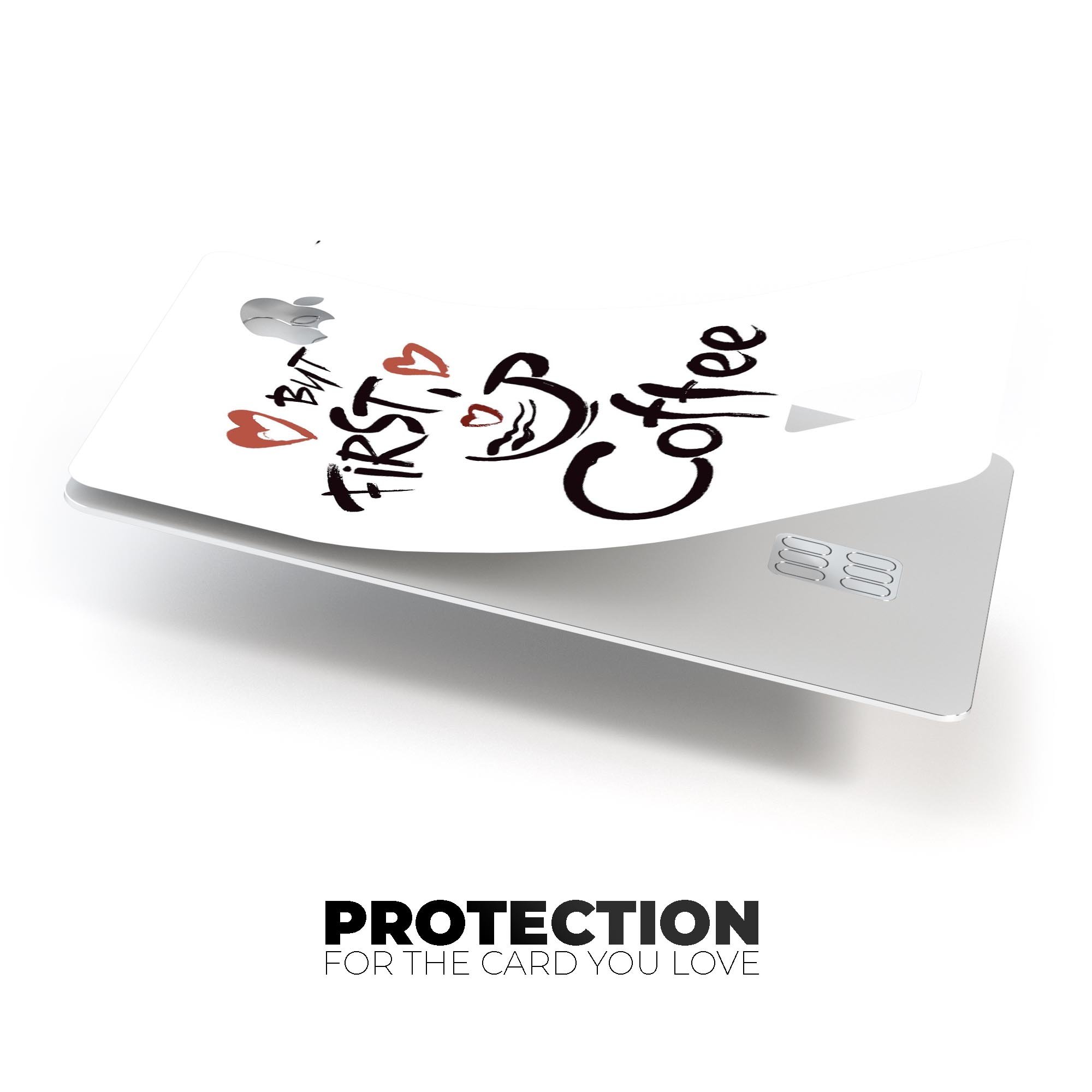 But First Coffee Premium Protective Decal Skin-Kit for Apple Card, showcasing a stylish design with a glossy finish.