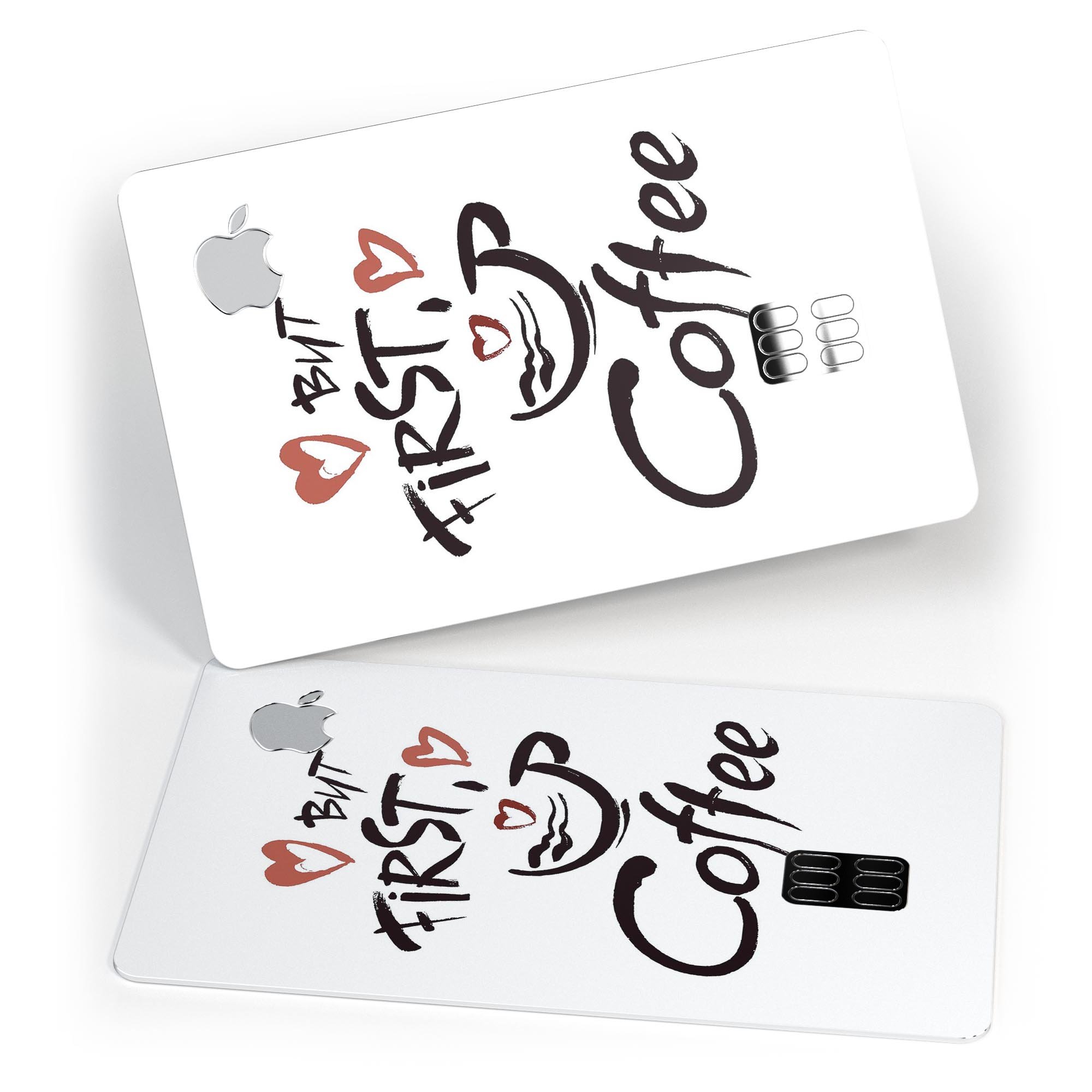 But First Coffee Premium Protective Decal Skin-Kit for Apple Card, showcasing a stylish design with a glossy finish.