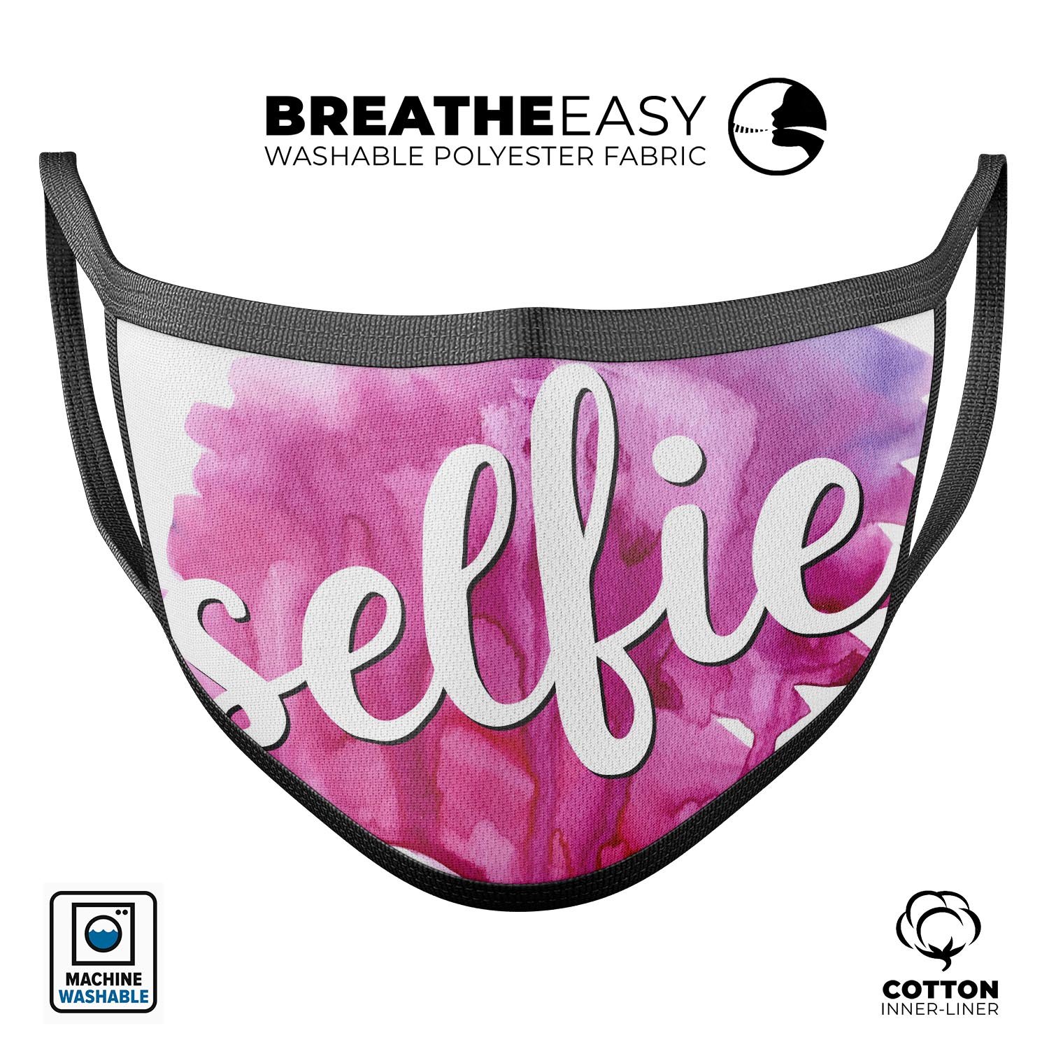 But First, Selfie mouth cover made of cotton, featuring a stylish design, adjustable ear loops, and a comfortable fit for everyday use.