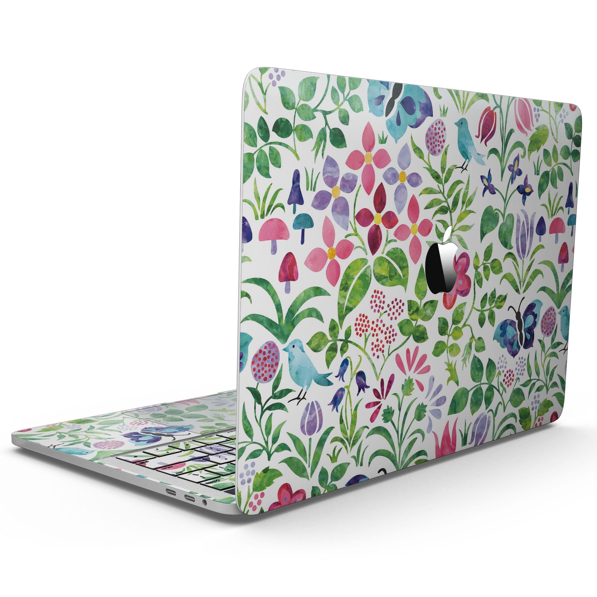 A 13" MacBook Pro featuring a vibrant Butterflies and Flowers Watercolor Pattern skin, showcasing colorful butterflies and floral designs.