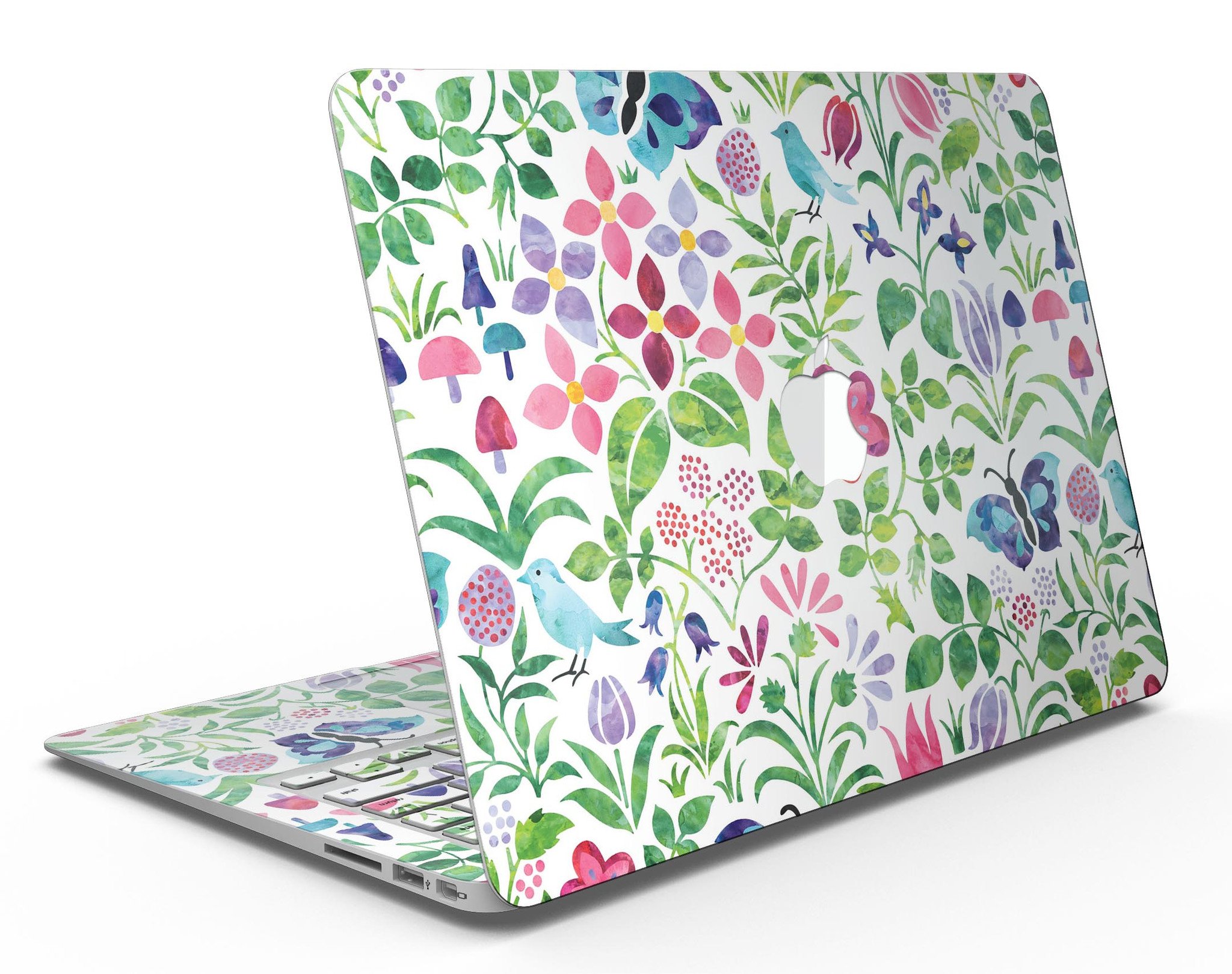 Butterflies and Flowers Watercolor Pattern MacBook Air Skin Kit showcasing vibrant colors and intricate designs on a sleek laptop.