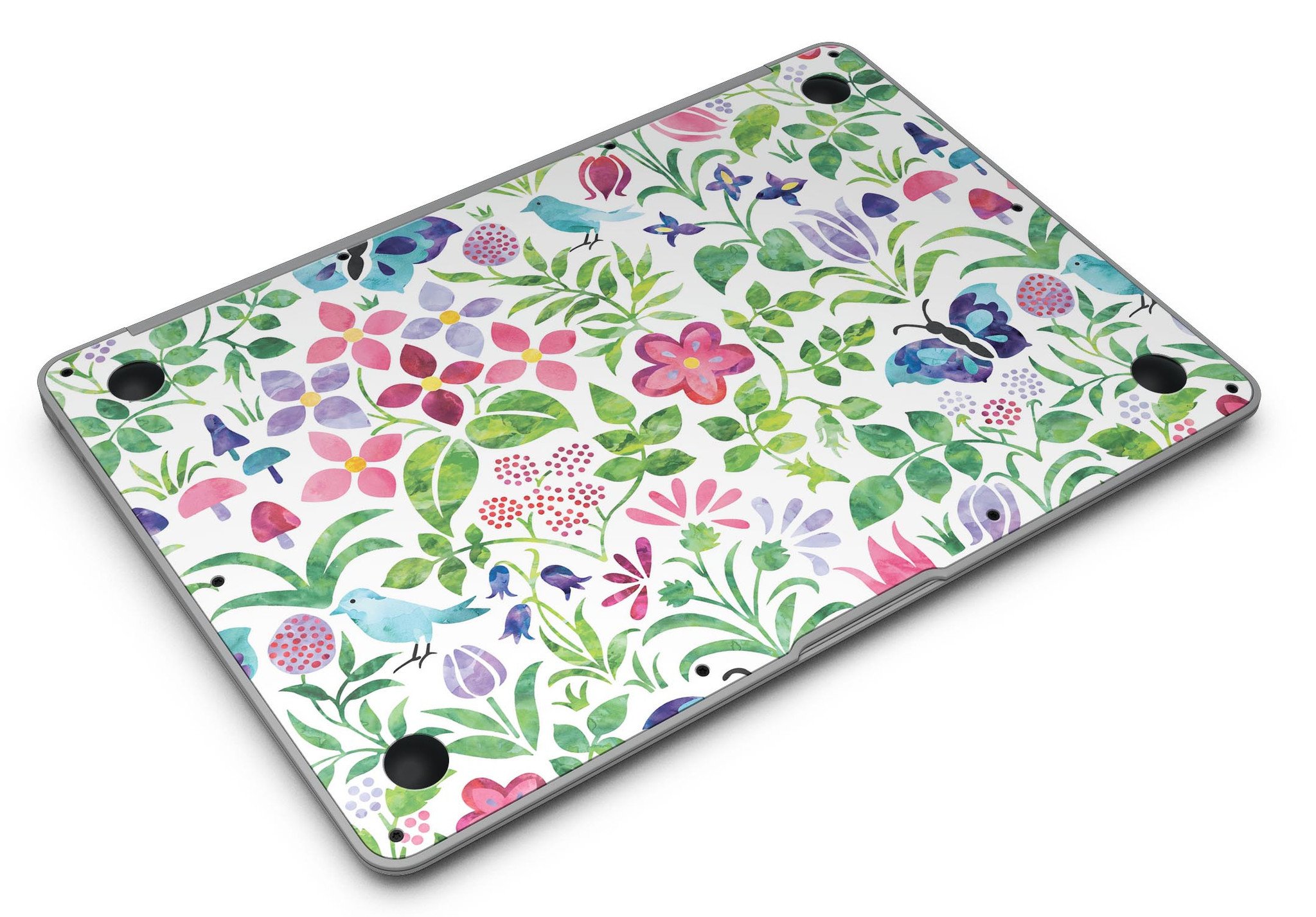 Butterflies and Flowers Watercolor Pattern MacBook Air Skin Kit showcasing vibrant colors and intricate designs on a sleek laptop.