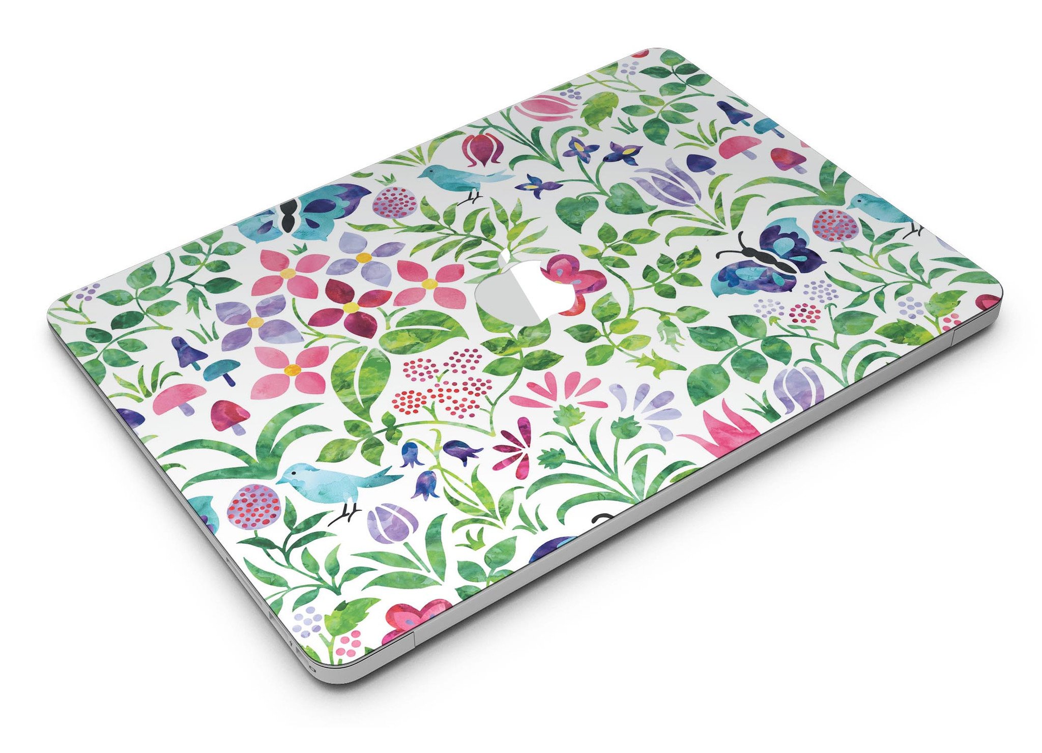 Butterflies and Flowers Watercolor Pattern MacBook Air Skin Kit showcasing vibrant colors and intricate designs on a sleek laptop.