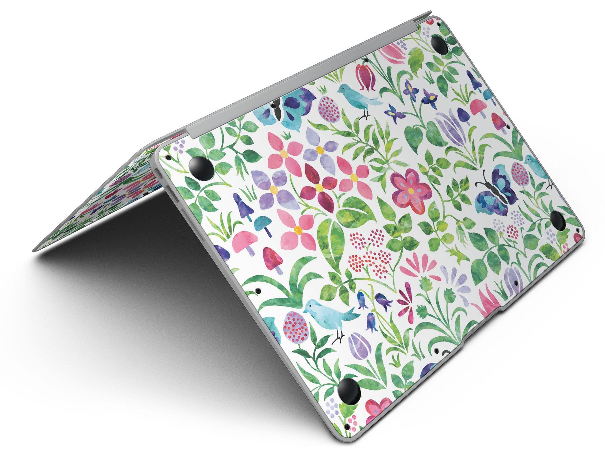 Butterflies and Flowers Watercolor Pattern MacBook Air Skin Kit showcasing vibrant colors and intricate designs on a sleek laptop.