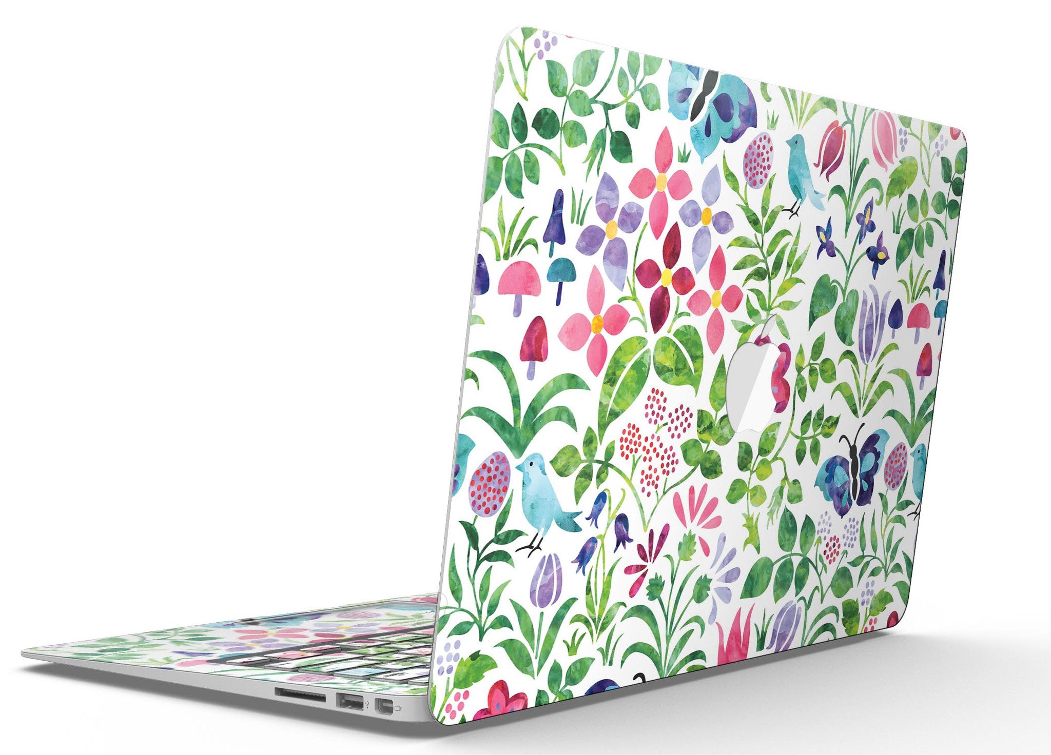 Butterflies and Flowers Watercolor Pattern MacBook Air Skin Kit showcasing vibrant colors and intricate designs on a sleek laptop.