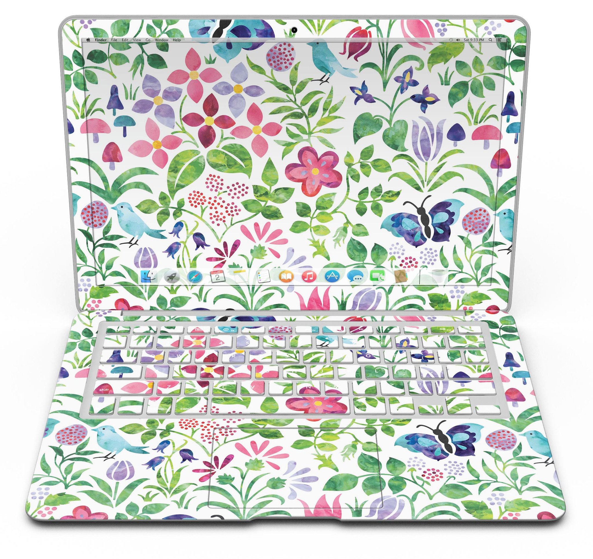 Butterflies and Flowers Watercolor Pattern MacBook Air Skin Kit showcasing vibrant colors and intricate designs on a sleek laptop.