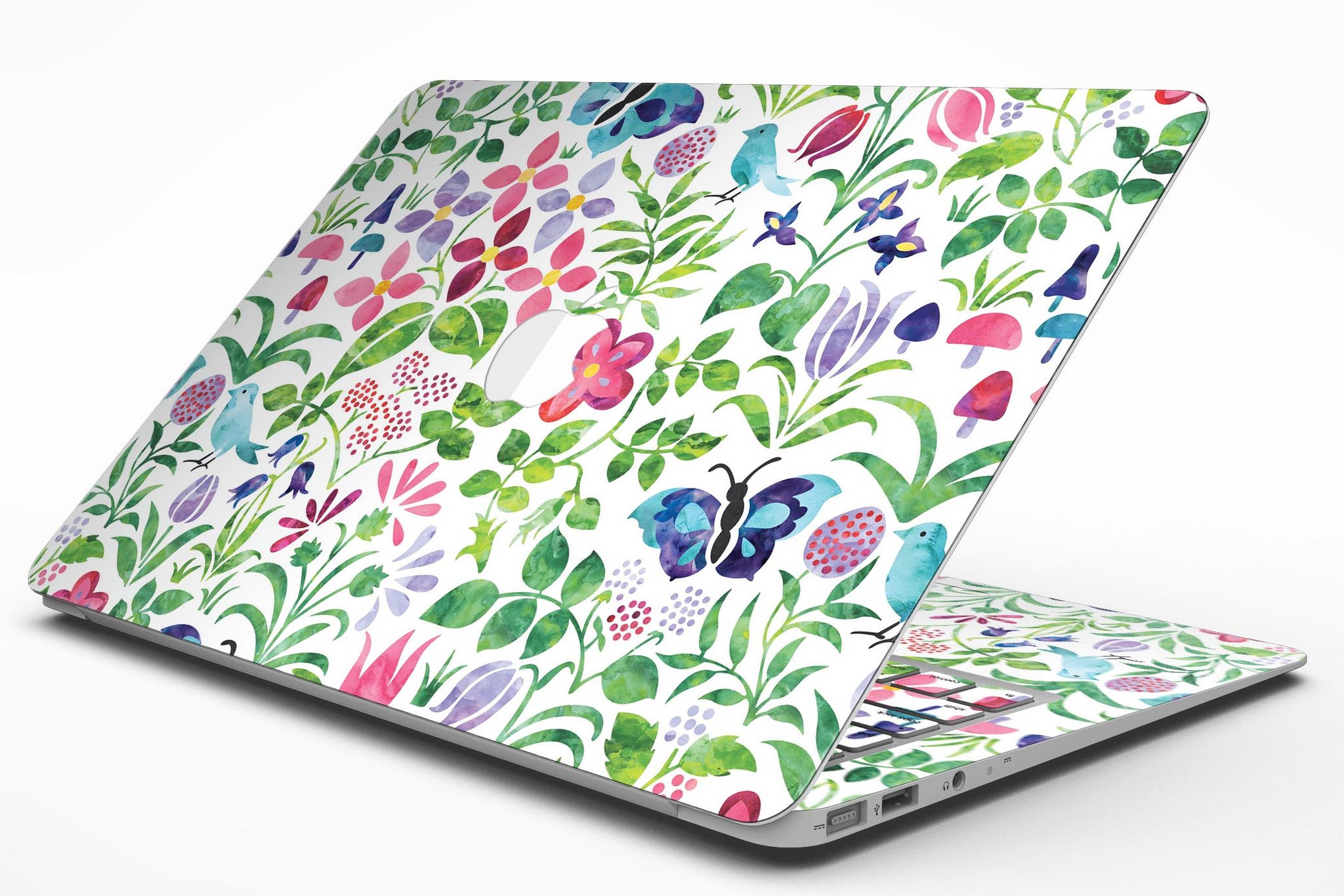 Butterflies and Flowers Watercolor Pattern MacBook Air Skin Kit showcasing vibrant colors and intricate designs on a sleek laptop.