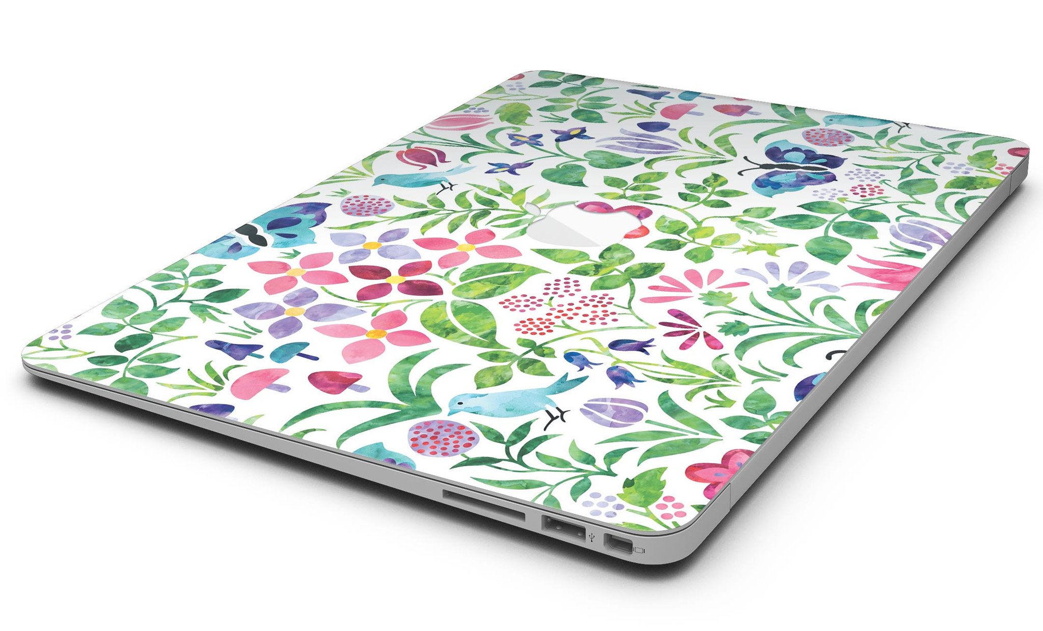 Butterflies and Flowers Watercolor Pattern MacBook Air Skin Kit showcasing vibrant colors and intricate designs on a sleek laptop.