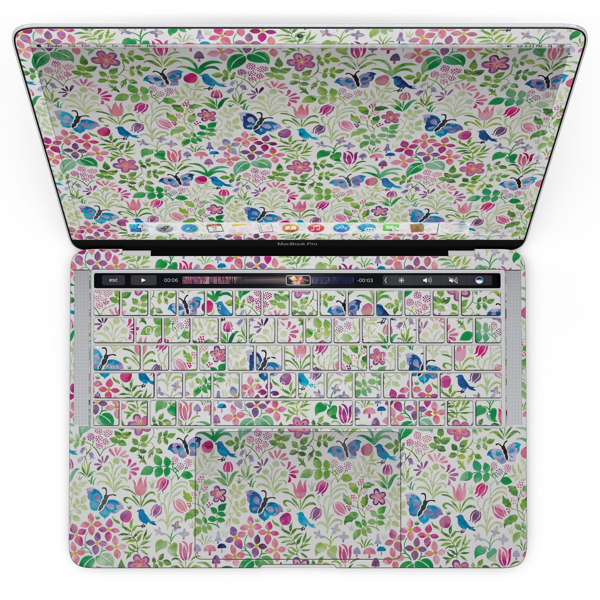Butterflies and Flowers Watercolor Pattern skin for MacBook Pro with Touch Bar, showcasing vibrant colors and intricate designs.