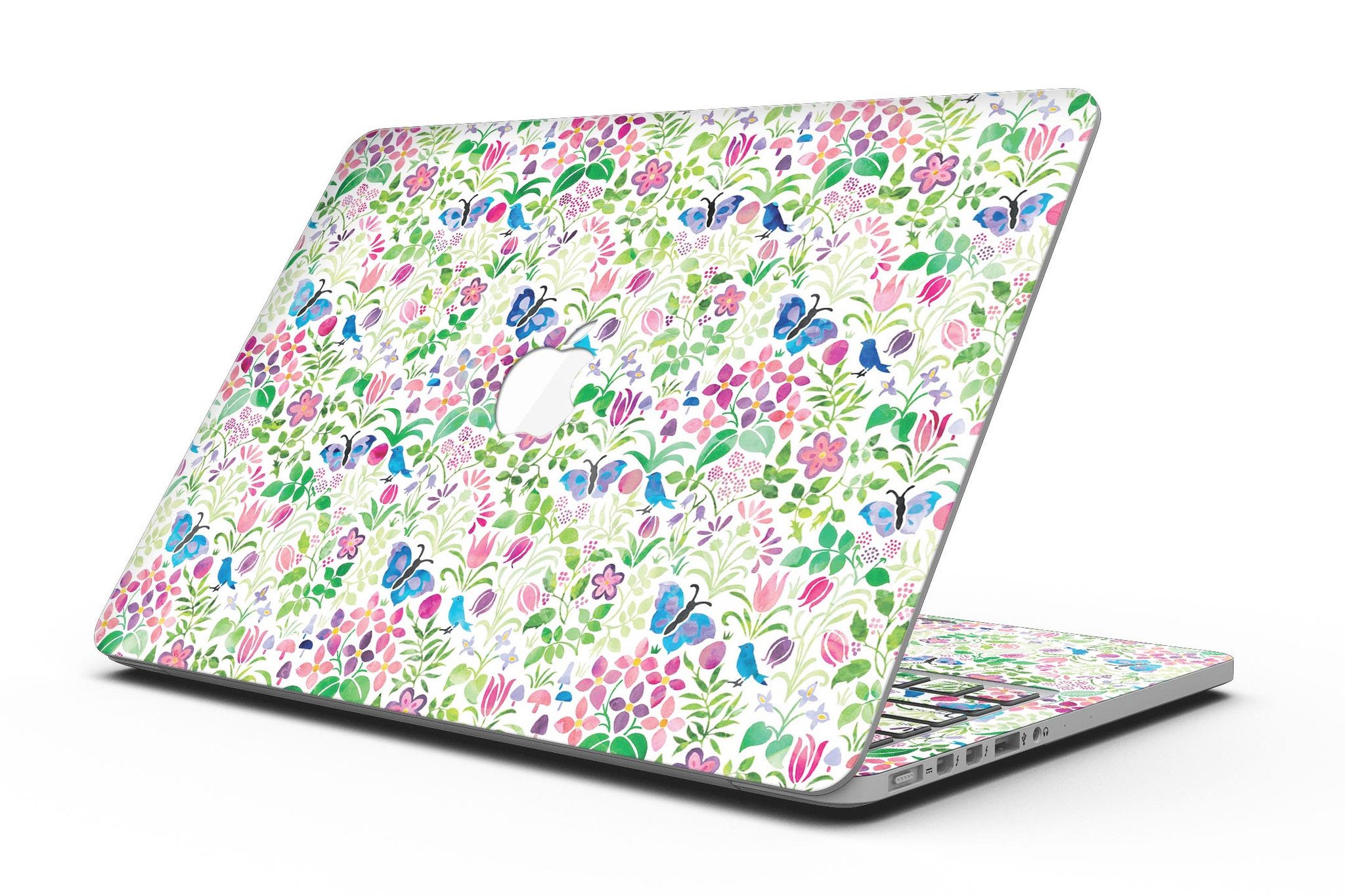Butterflies and Flowers Watercolor Pattern skin for MacBook Pro, showcasing vibrant colors and intricate designs on a sleek device.