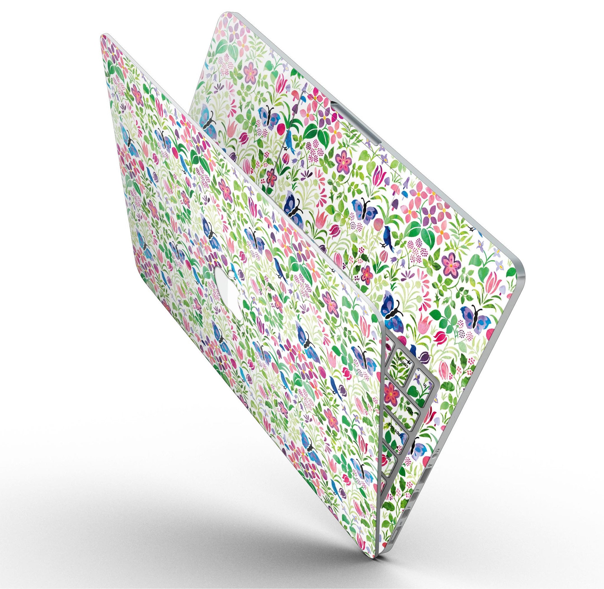 Butterflies and Flowers Watercolor Pattern skin for MacBook Pro, showcasing vibrant colors and intricate designs on a sleek device.