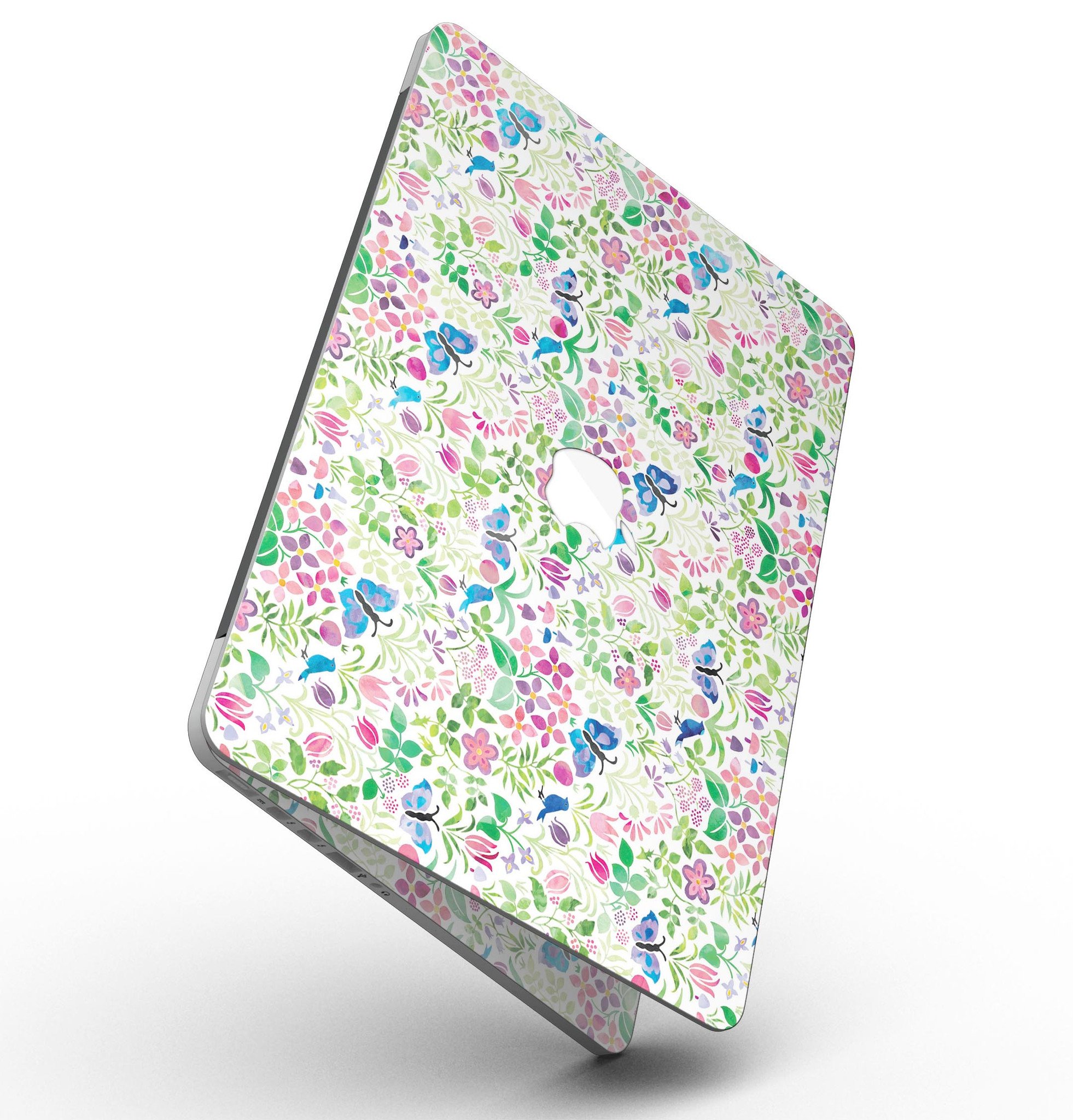Butterflies and Flowers Watercolor Pattern skin for MacBook Pro, showcasing vibrant colors and intricate designs on a sleek device.