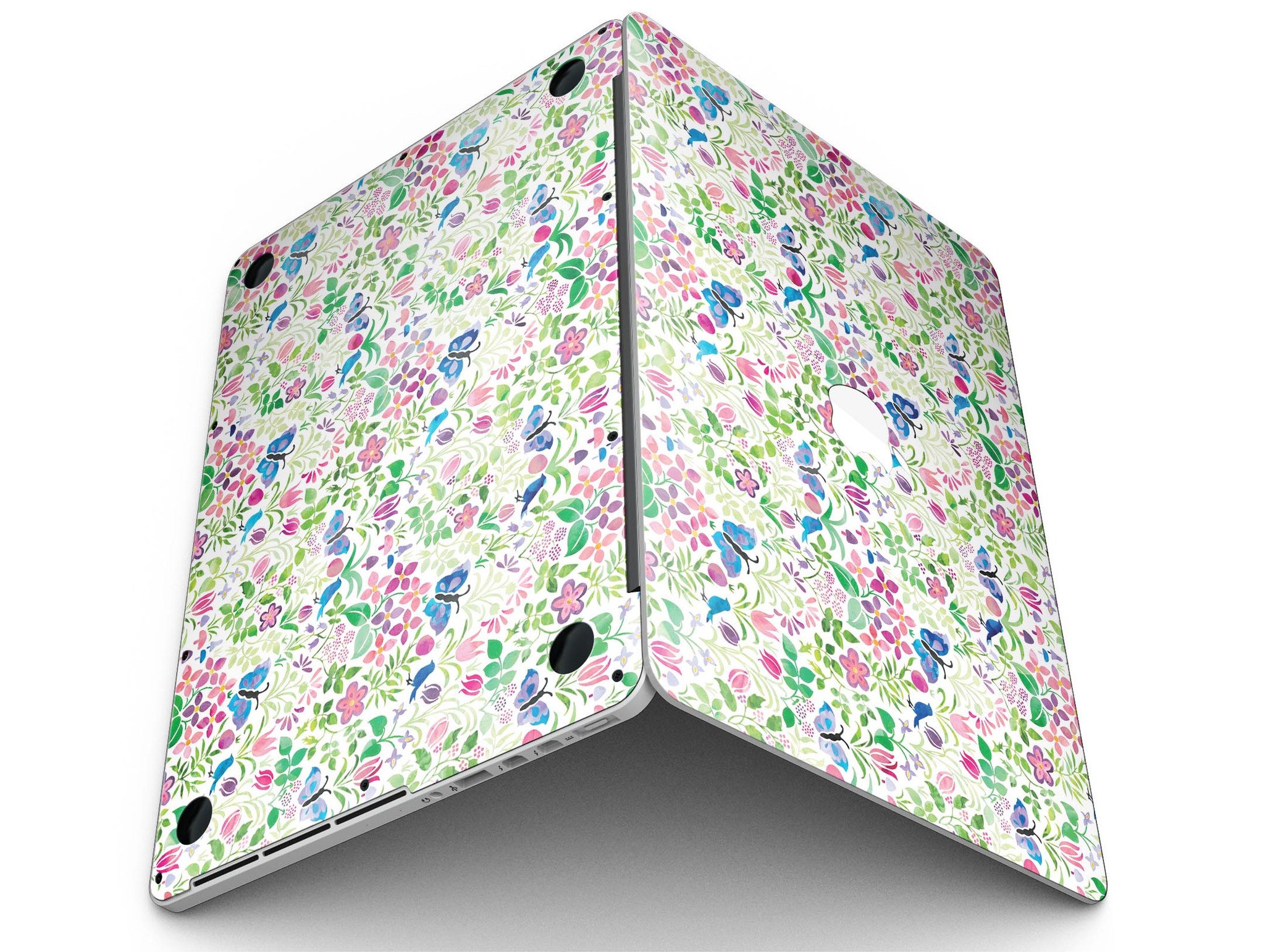 Butterflies and Flowers Watercolor Pattern skin for MacBook Pro, showcasing vibrant colors and intricate designs on a sleek device.