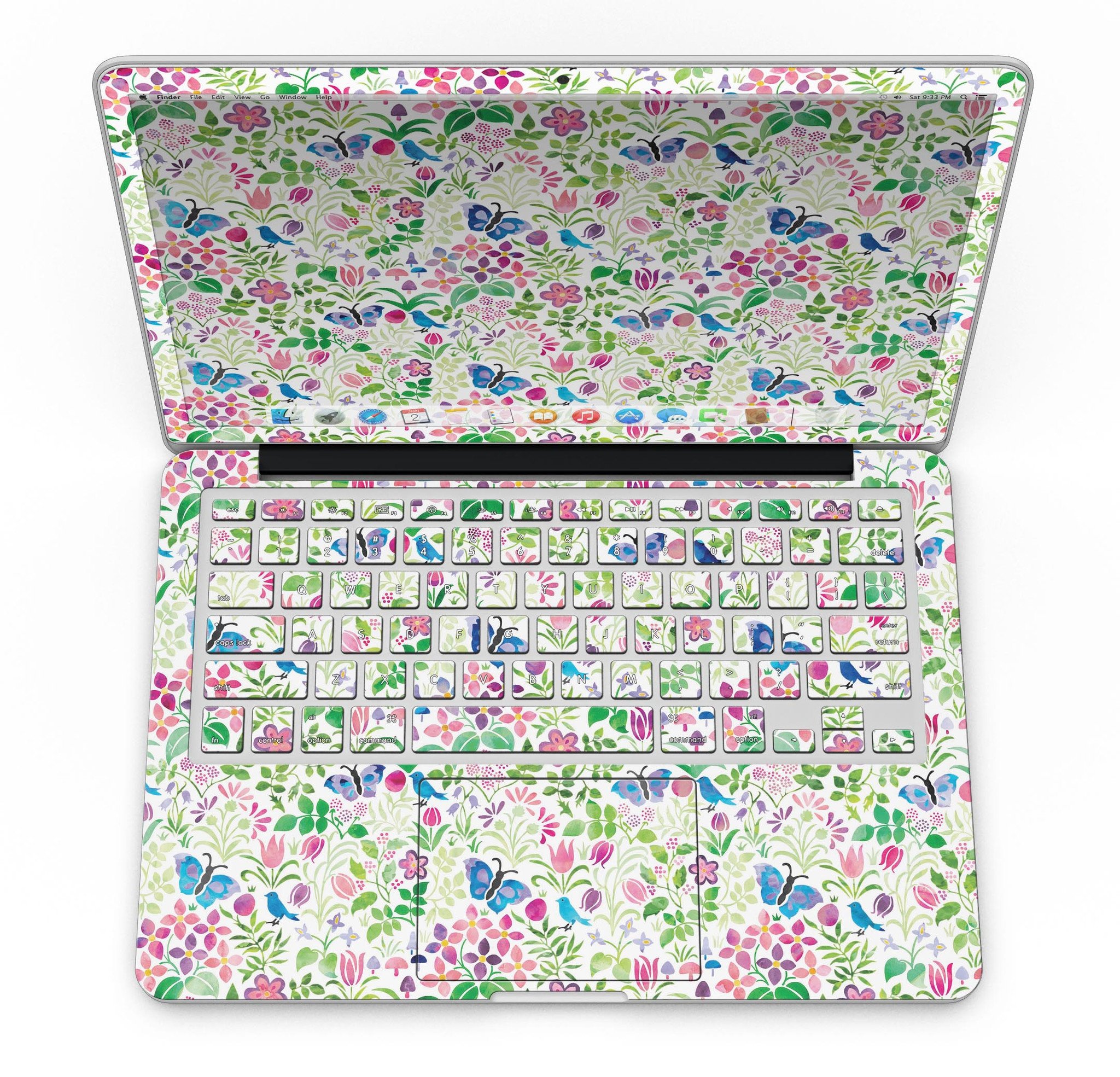 Butterflies and Flowers Watercolor Pattern skin for MacBook Pro, showcasing vibrant colors and intricate designs on a sleek device.