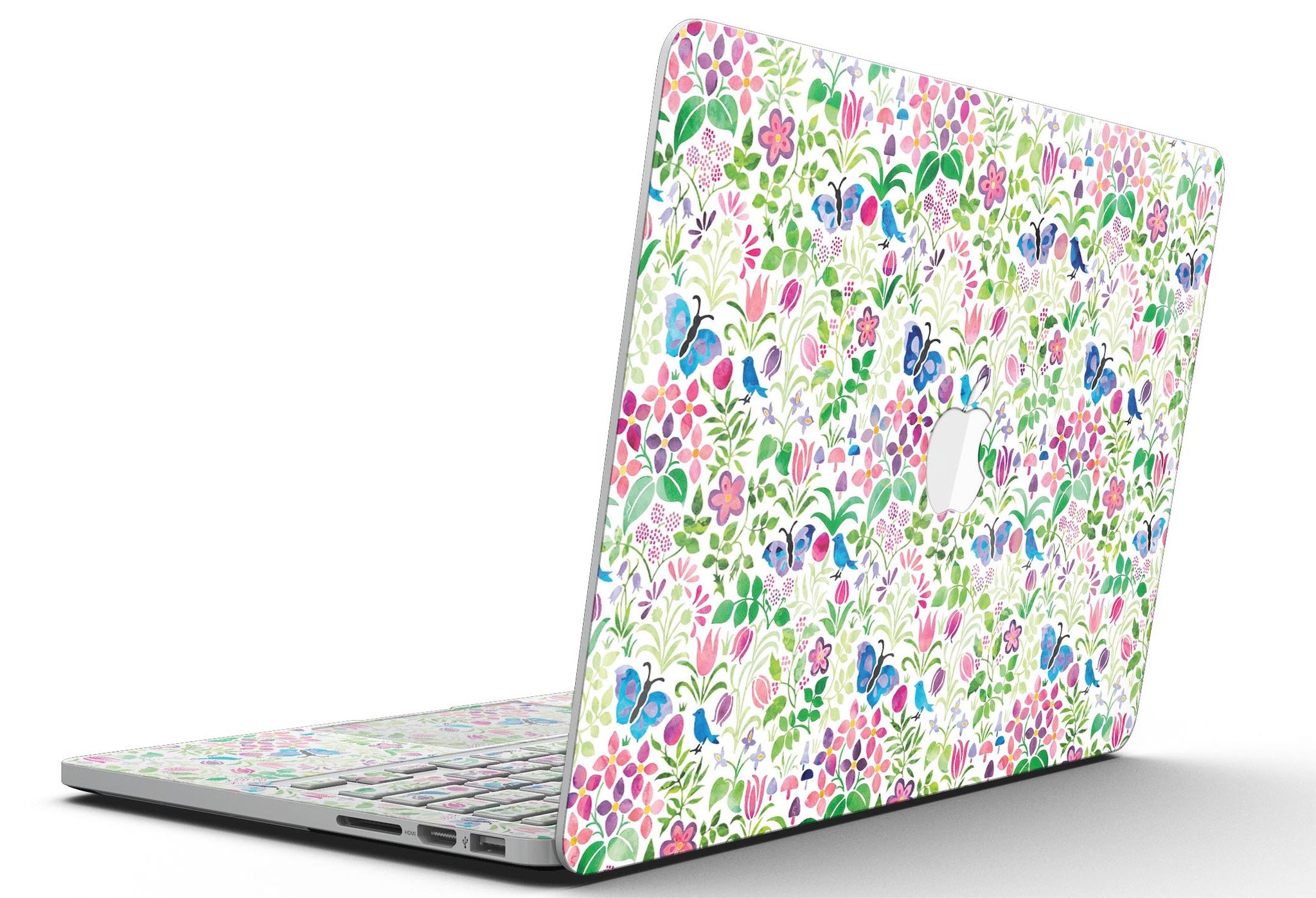 Butterflies and Flowers Watercolor Pattern skin for MacBook Pro, showcasing vibrant colors and intricate designs on a sleek device.