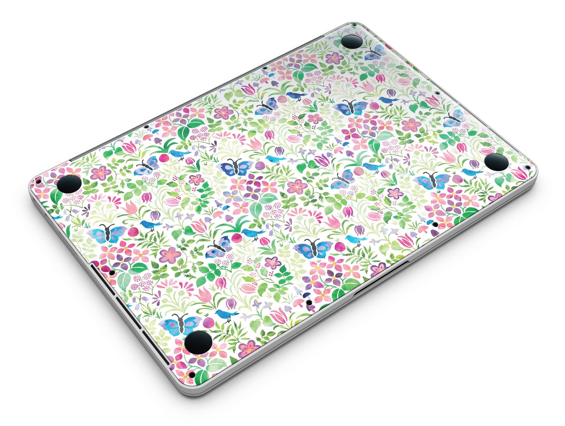 Butterflies and Flowers Watercolor Pattern skin for MacBook Pro, showcasing vibrant colors and intricate designs on a sleek device.
