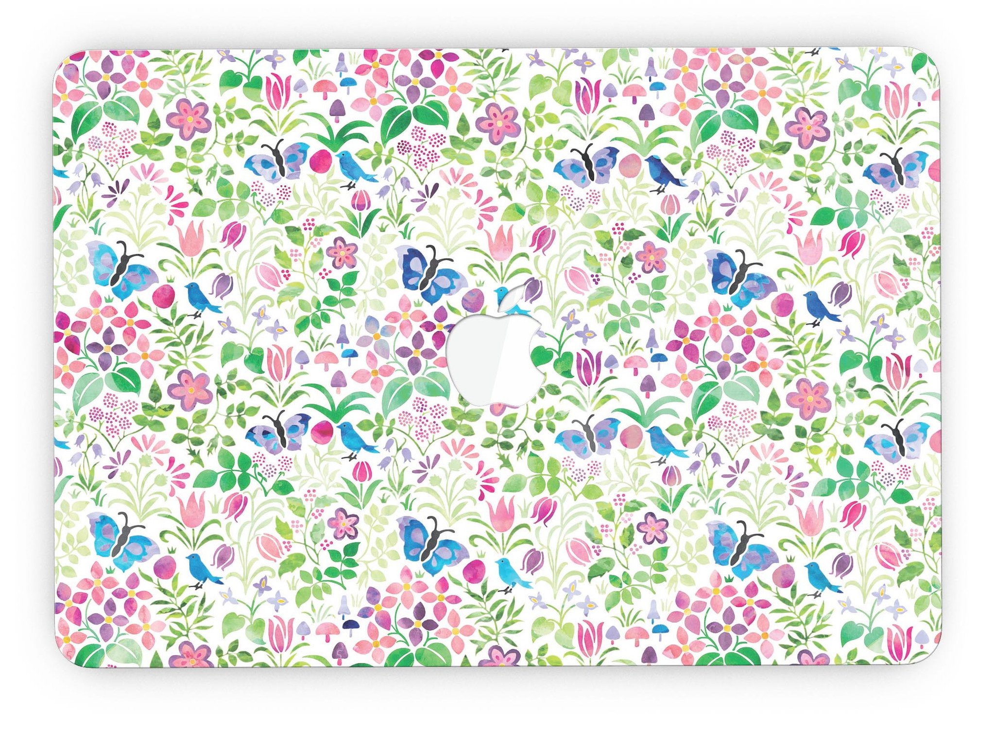 Butterflies and Flowers Watercolor Pattern skin for MacBook Pro, showcasing vibrant colors and intricate designs on a sleek device.