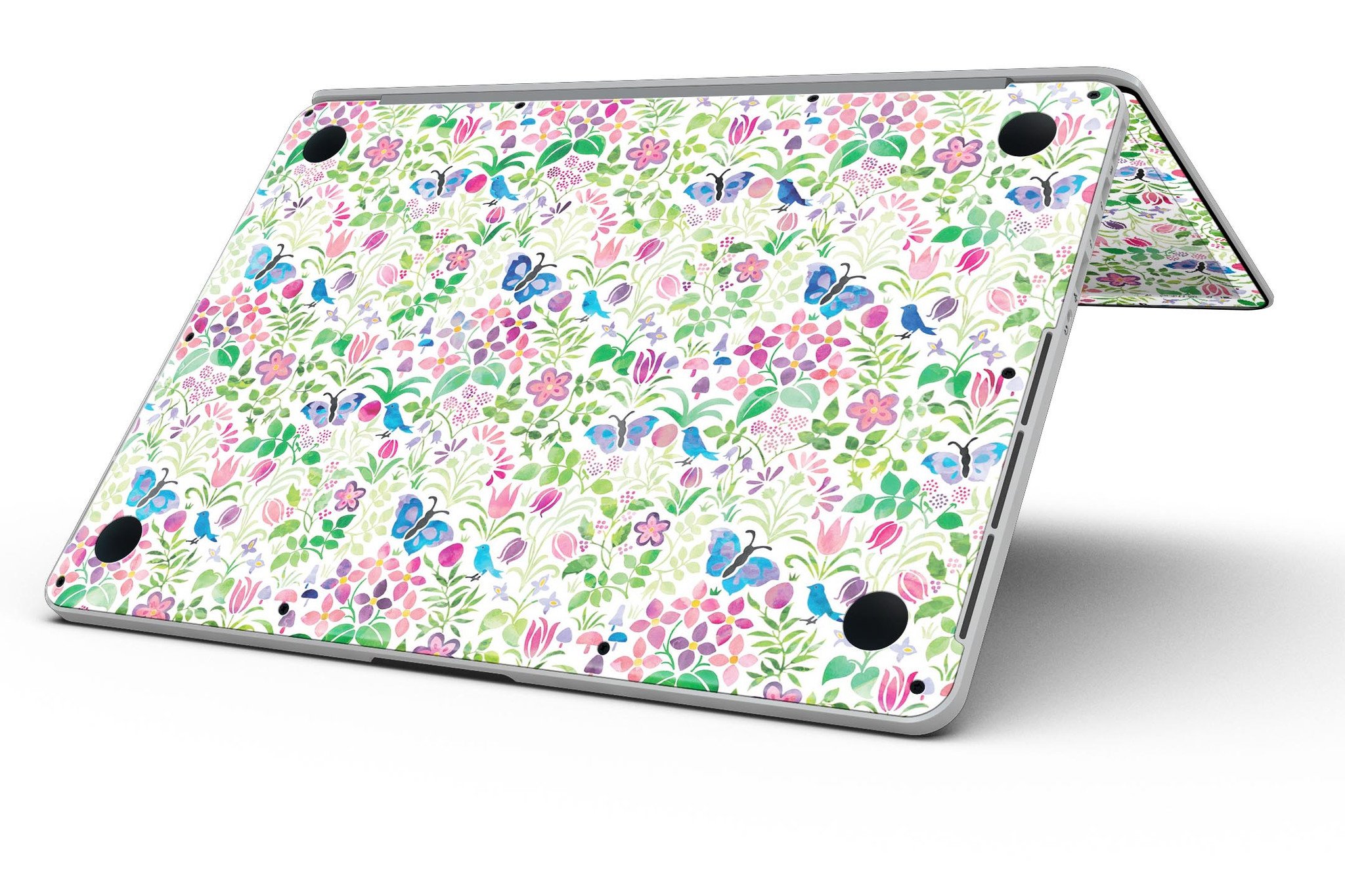 Butterflies and Flowers Watercolor Pattern skin for MacBook Pro, showcasing vibrant colors and intricate designs on a sleek device.