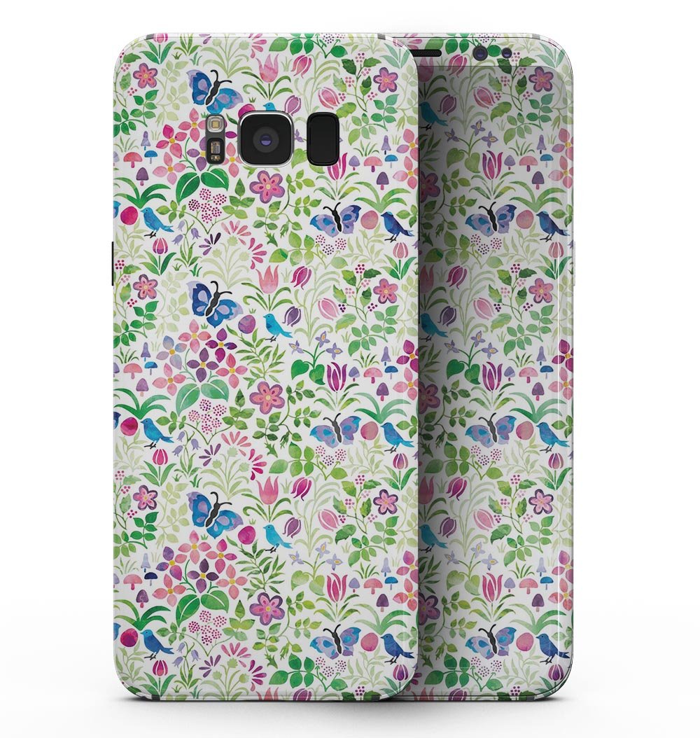 Samsung Galaxy S8 with Butterflies and Flowers Watercolor Pattern skin, showcasing vibrant colors and intricate floral designs.