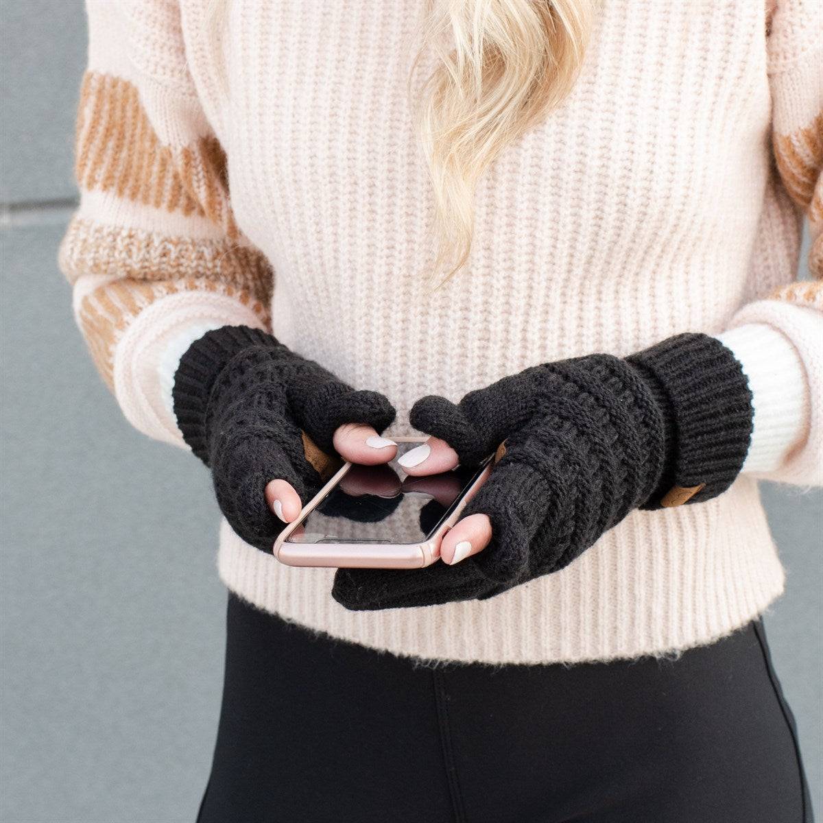 A pair of CC Always Touchscreen Compatible Gloves in a stylish cable knit design, featuring slit fingertips for touchscreen use.