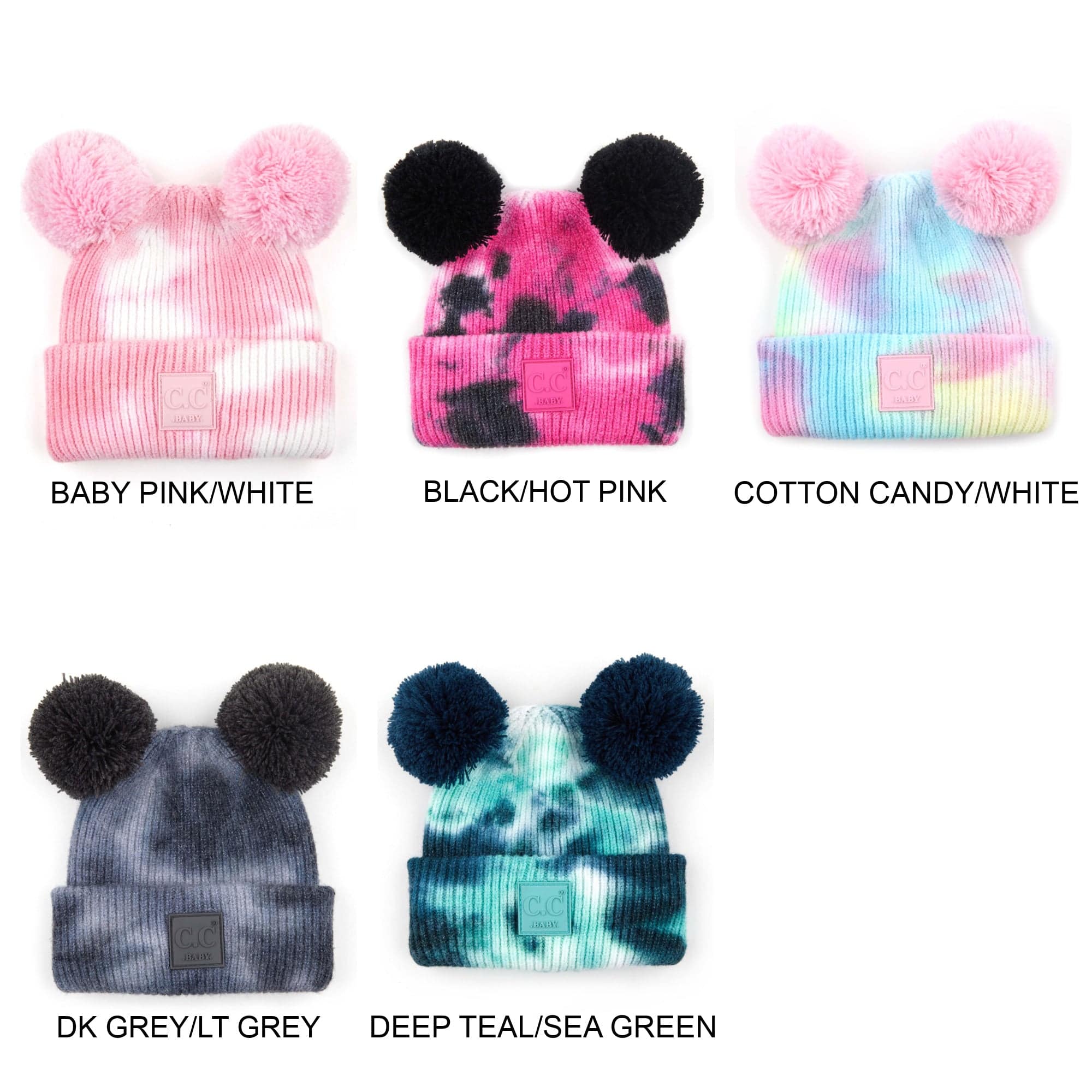 CC Baby and Kids Pom Pom Tie-Dye Beanies Hats featuring vibrant colors and double pom poms, perfect for keeping kids warm and stylish.