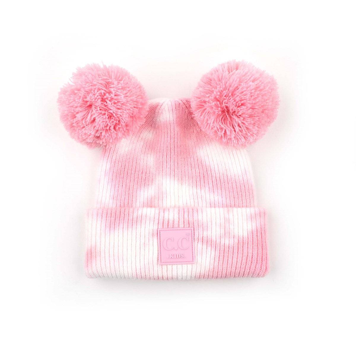 CC Baby and Kids Pom Pom Tie-Dye Beanies Hats featuring vibrant colors and double pom poms, perfect for keeping kids warm and stylish.
