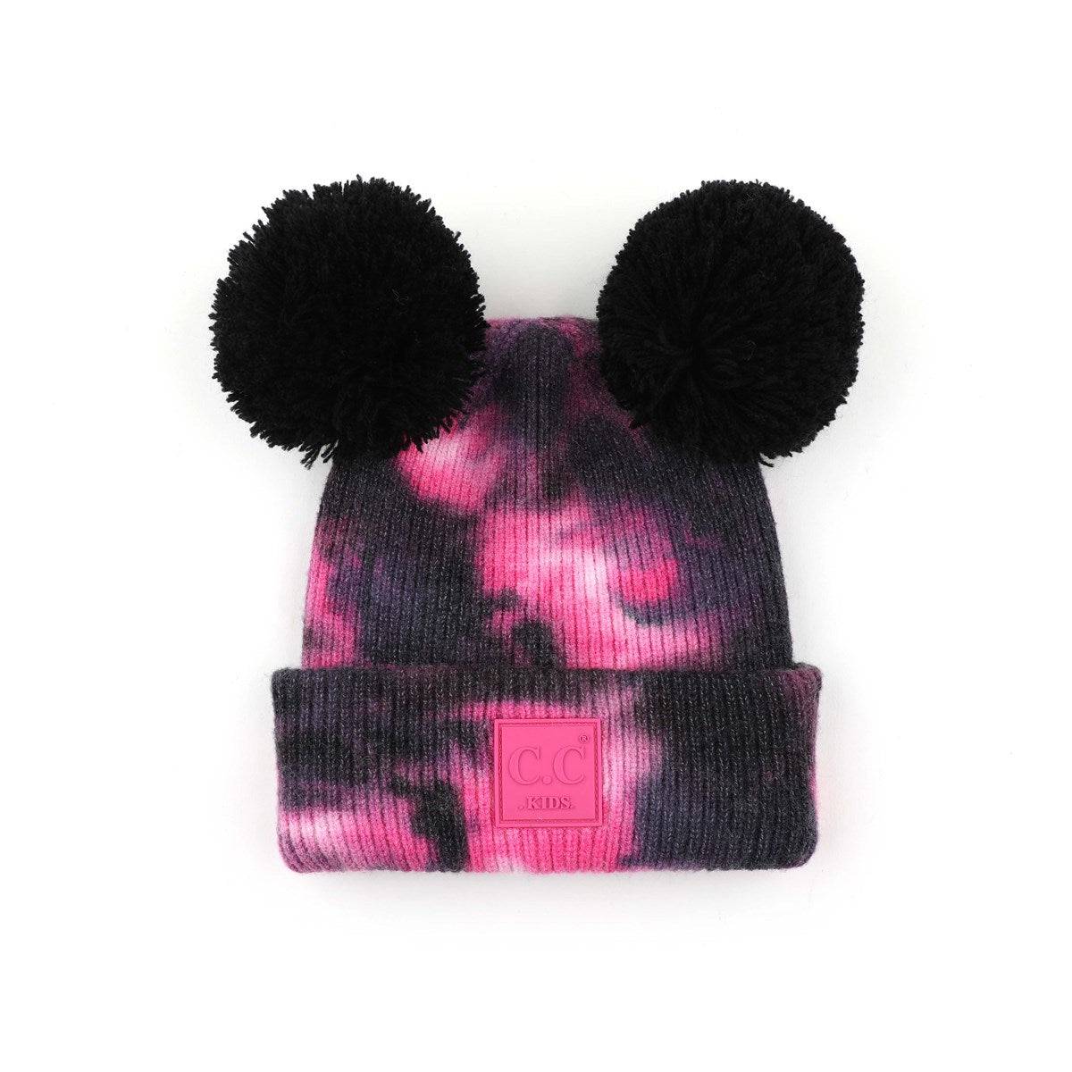 CC Baby and Kids Pom Pom Tie-Dye Beanies Hats featuring vibrant colors and double pom poms, perfect for keeping kids warm and stylish.