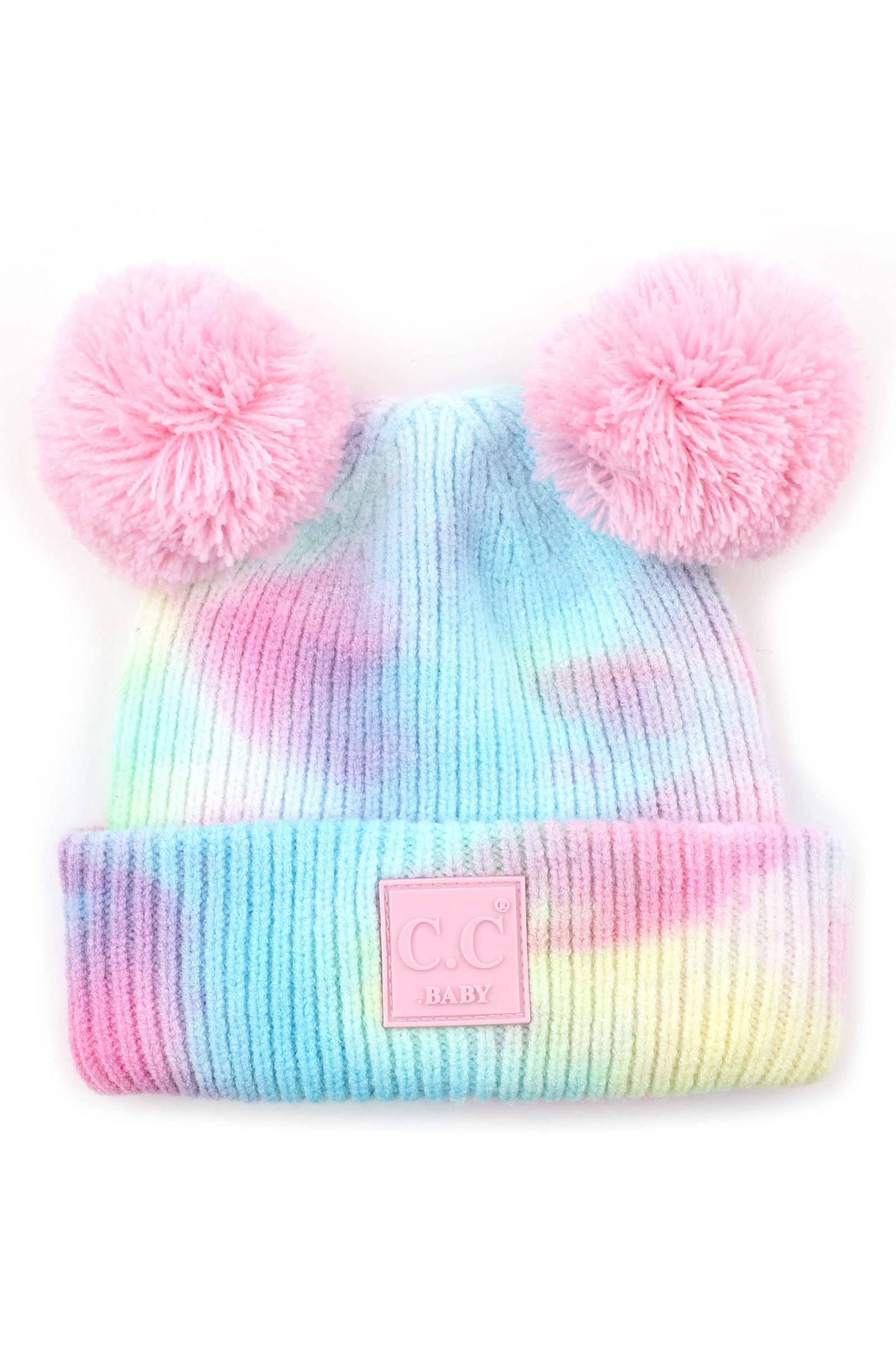 CC Baby and Kids Pom Pom Tie-Dye Beanies Hats featuring vibrant colors and double pom poms, perfect for keeping kids warm and stylish.
