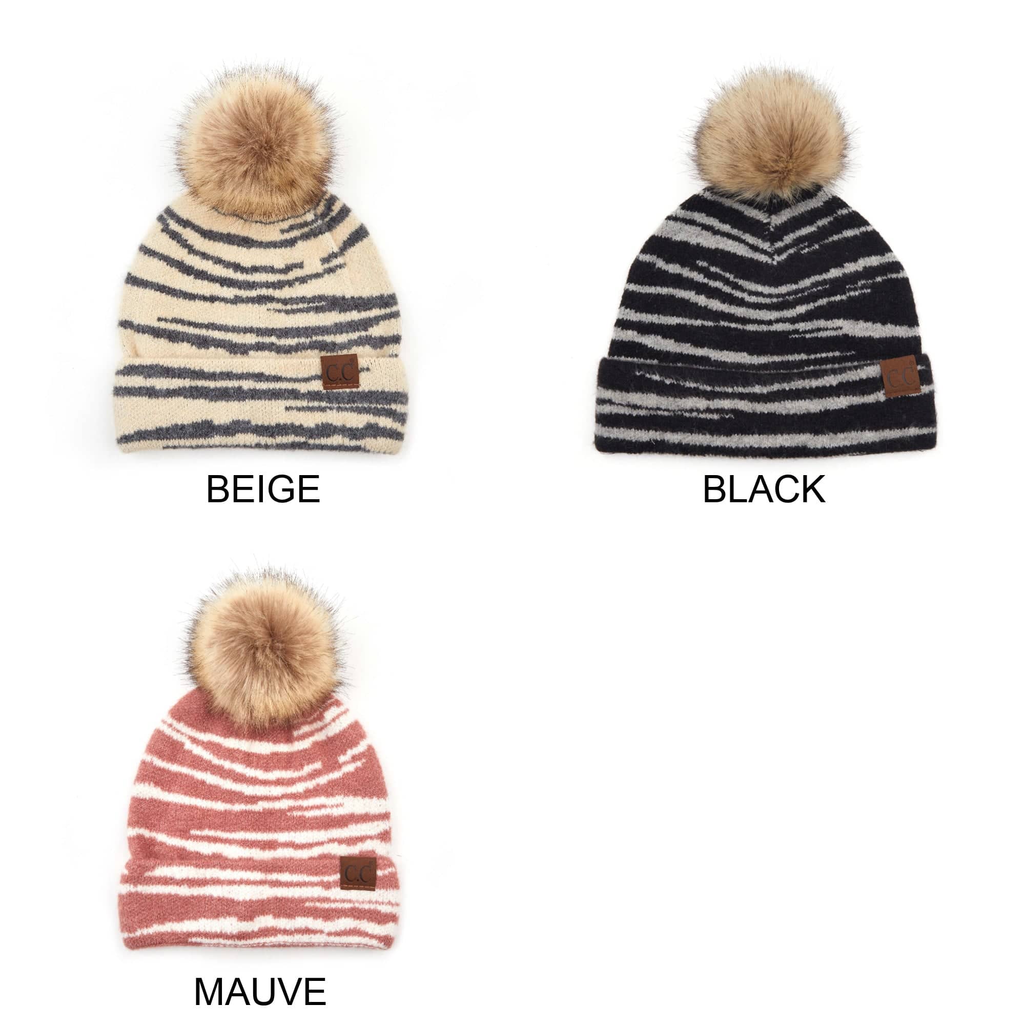 CC Beanie Animal Print Winter Hat featuring a stylish design with a faux fur pom, perfect for cold weather.