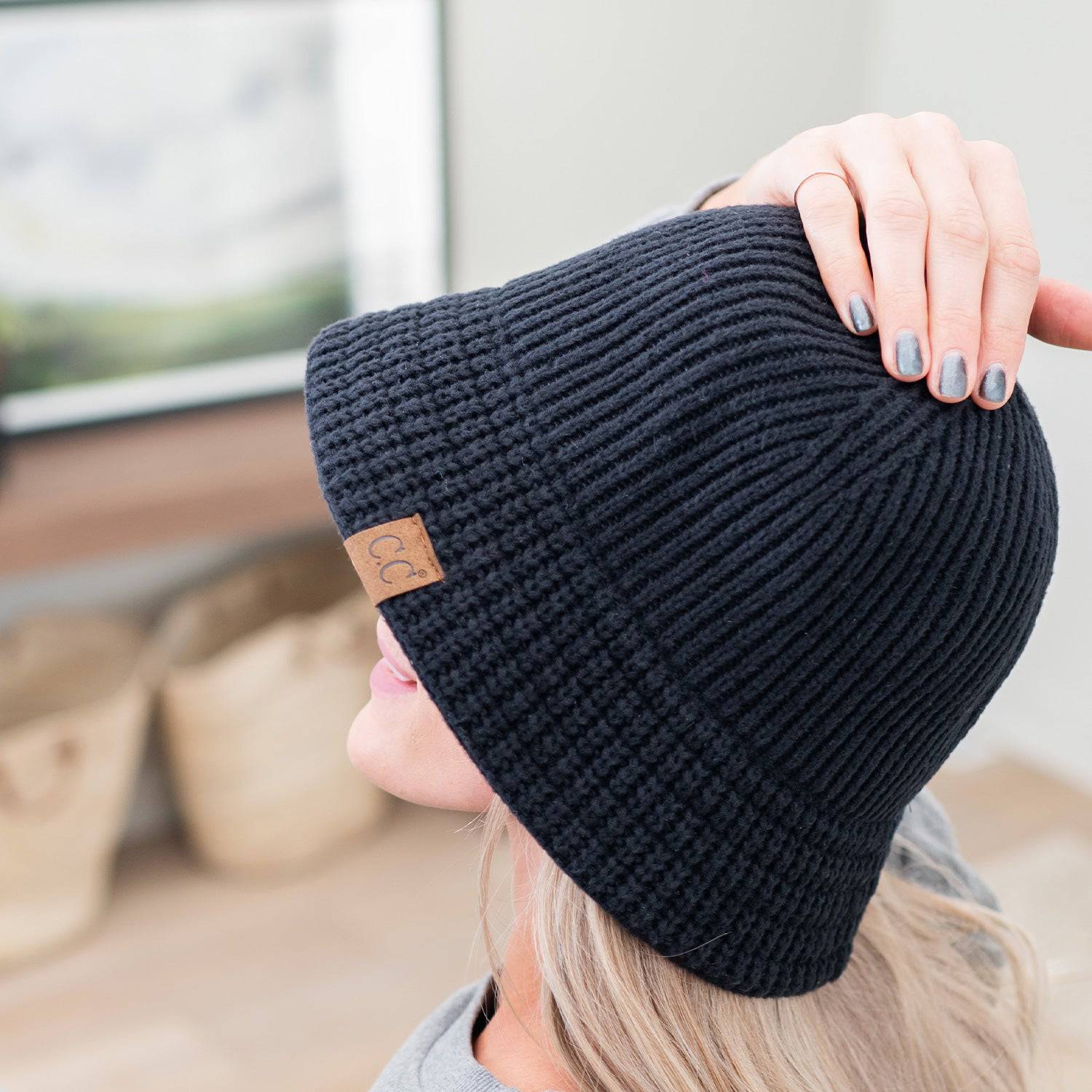 CC Beanie Ribbed Knit Adjustable Bucket Hat in stylish ribbed design, perfect for outdoor activities and sun protection.