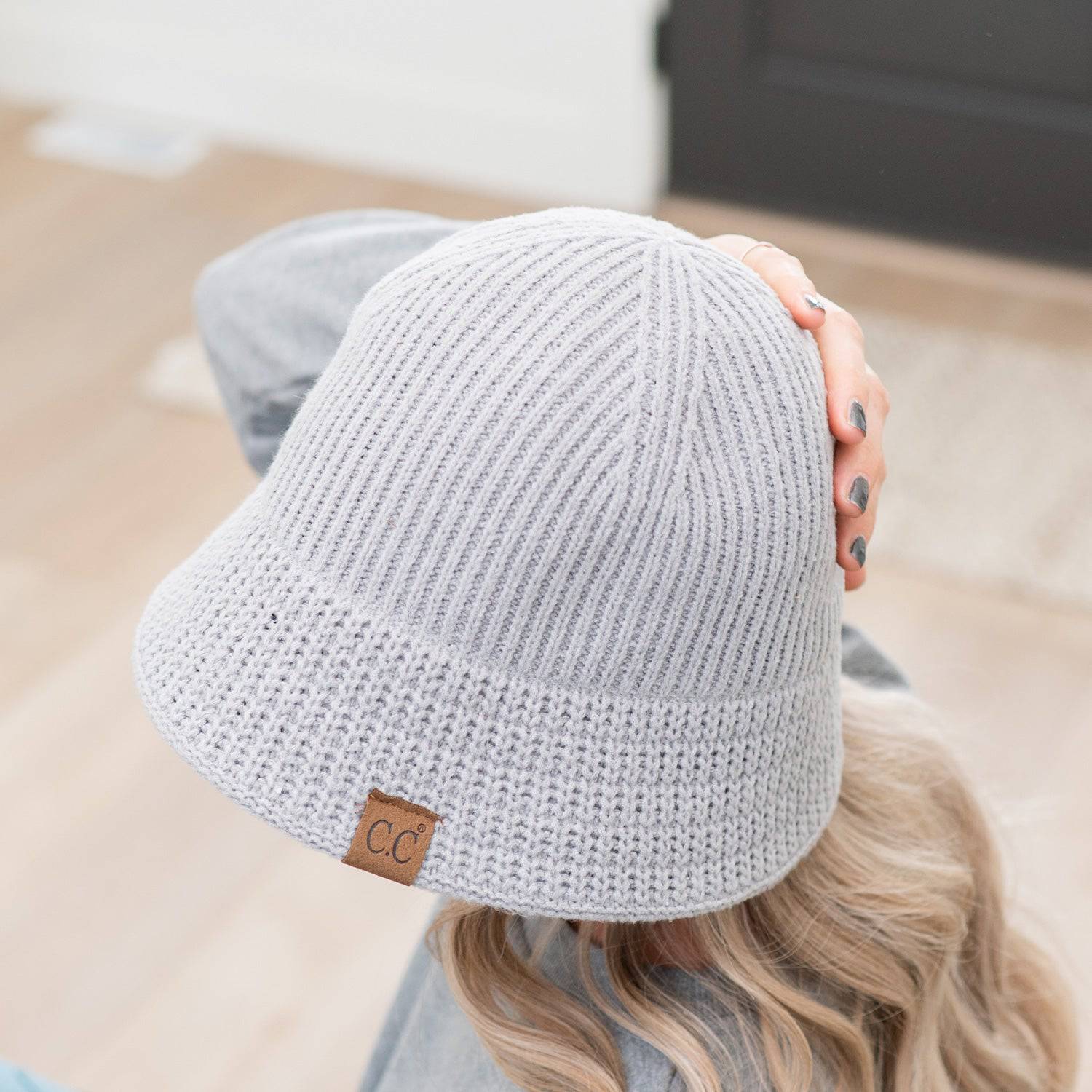 CC Beanie Ribbed Knit Adjustable Bucket Hat in stylish ribbed design, perfect for outdoor activities and sun protection.