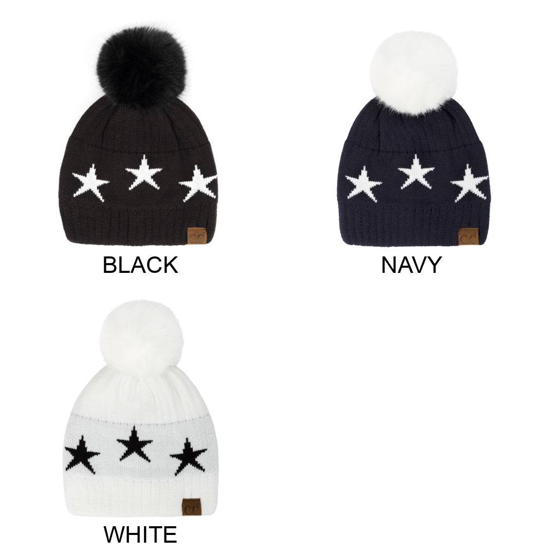 CC Beanie featuring a luxurious faux fur pom and trendy star pattern, perfect for stylish winter wear.